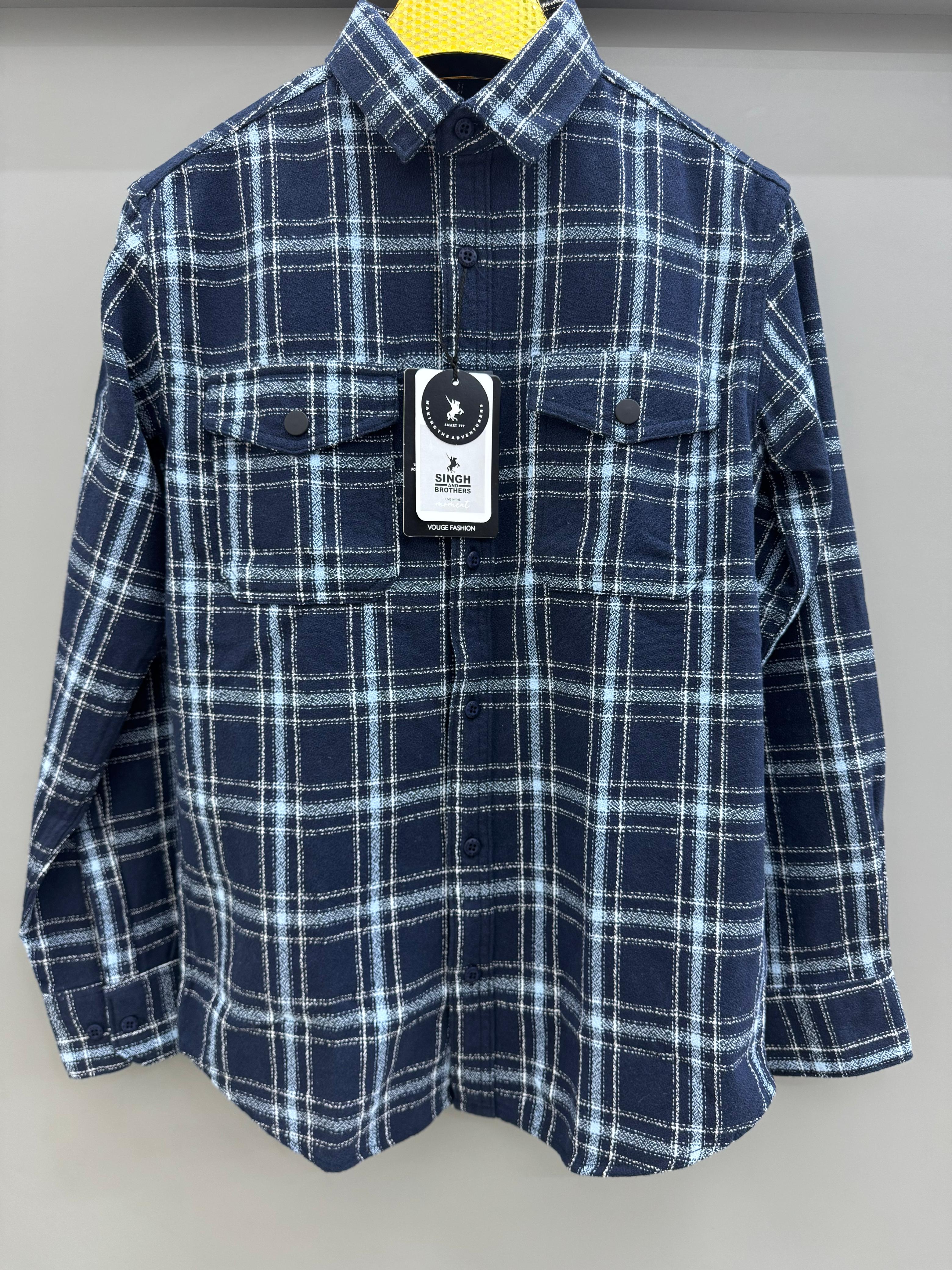 Double Pocket Back Print Navy Blue White Check Shirt