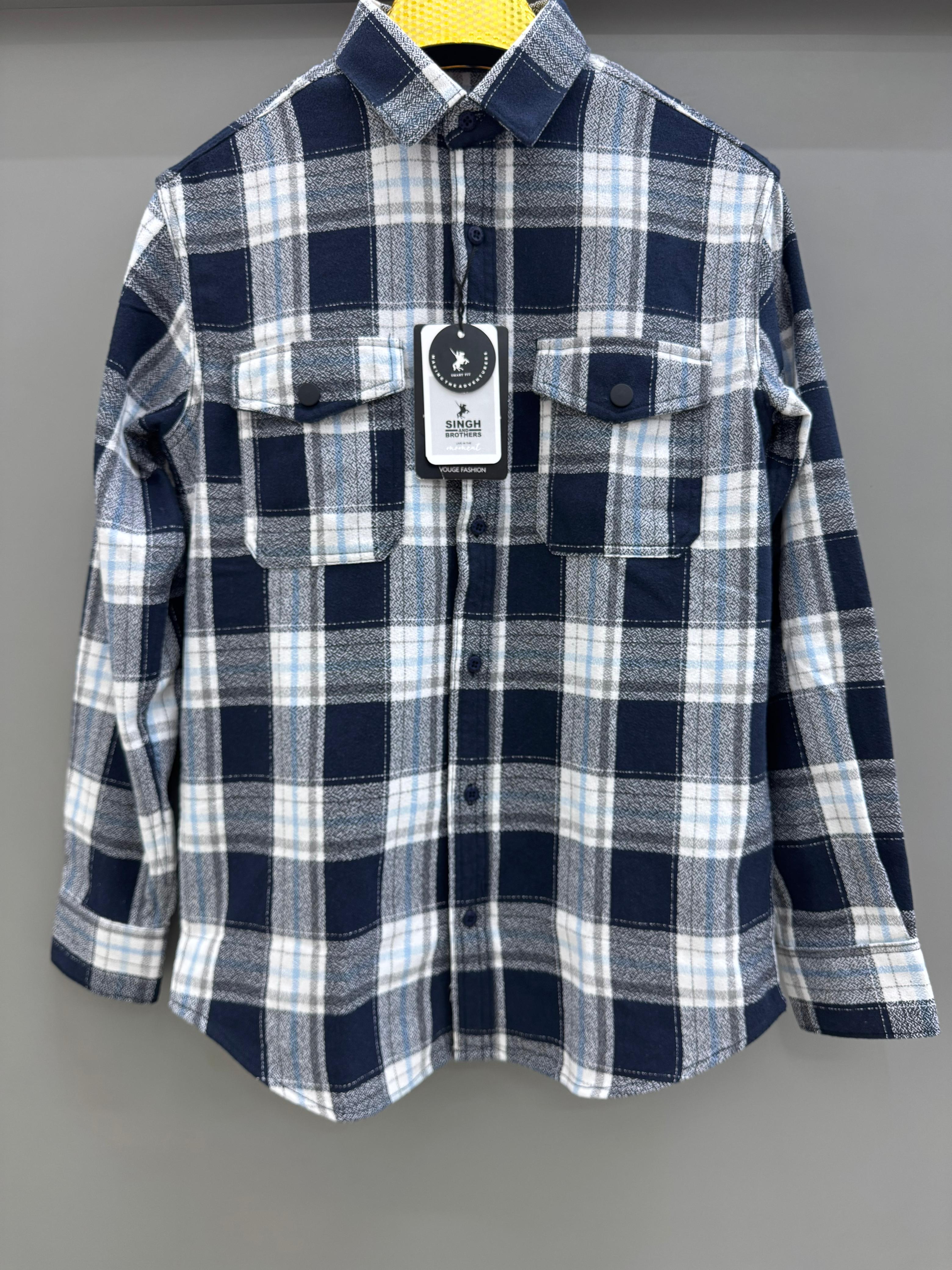 Double Pocket Back Print Blue White Check Shirt