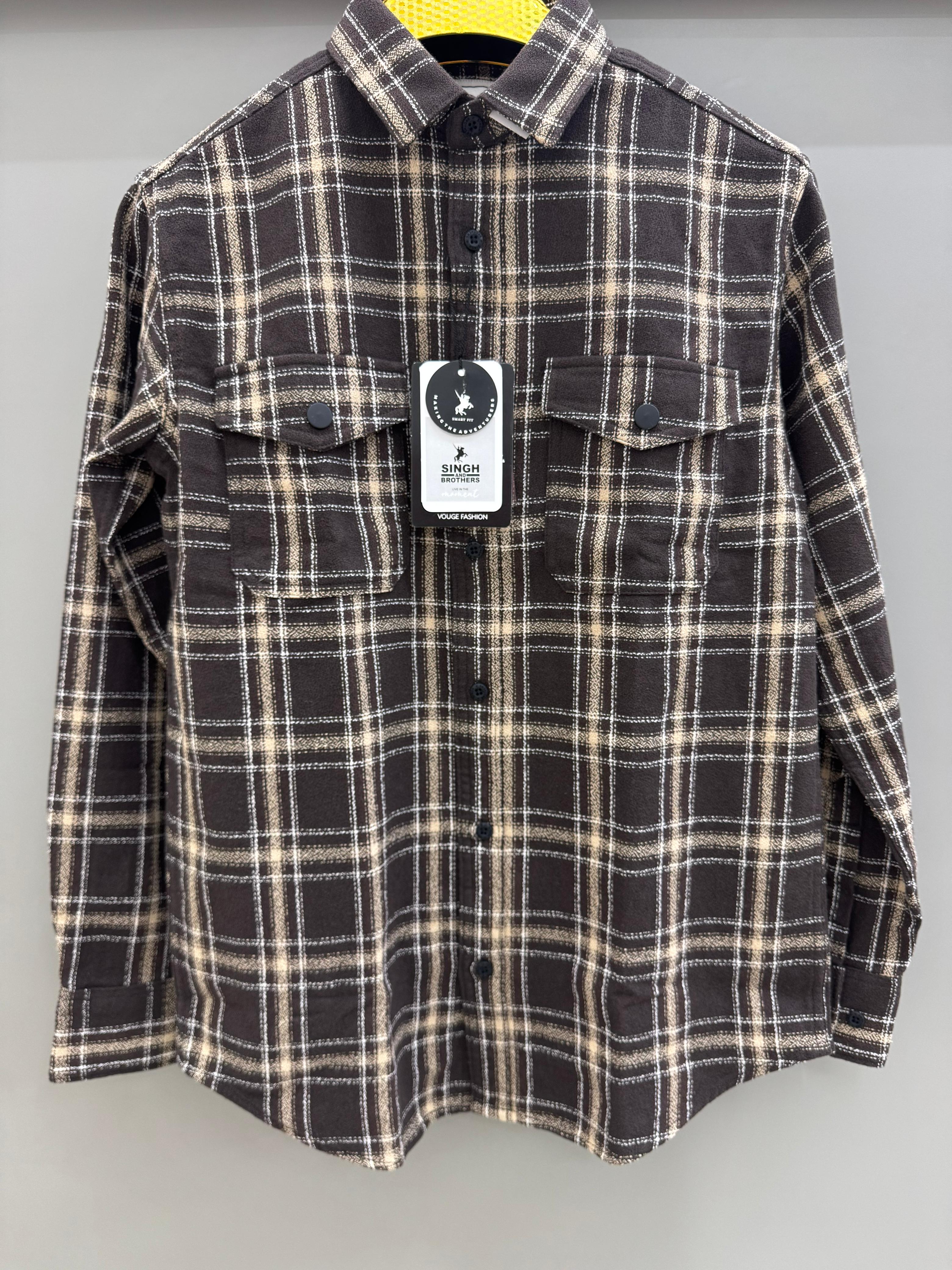 Double Pocket Back Print Brown Check Shirt