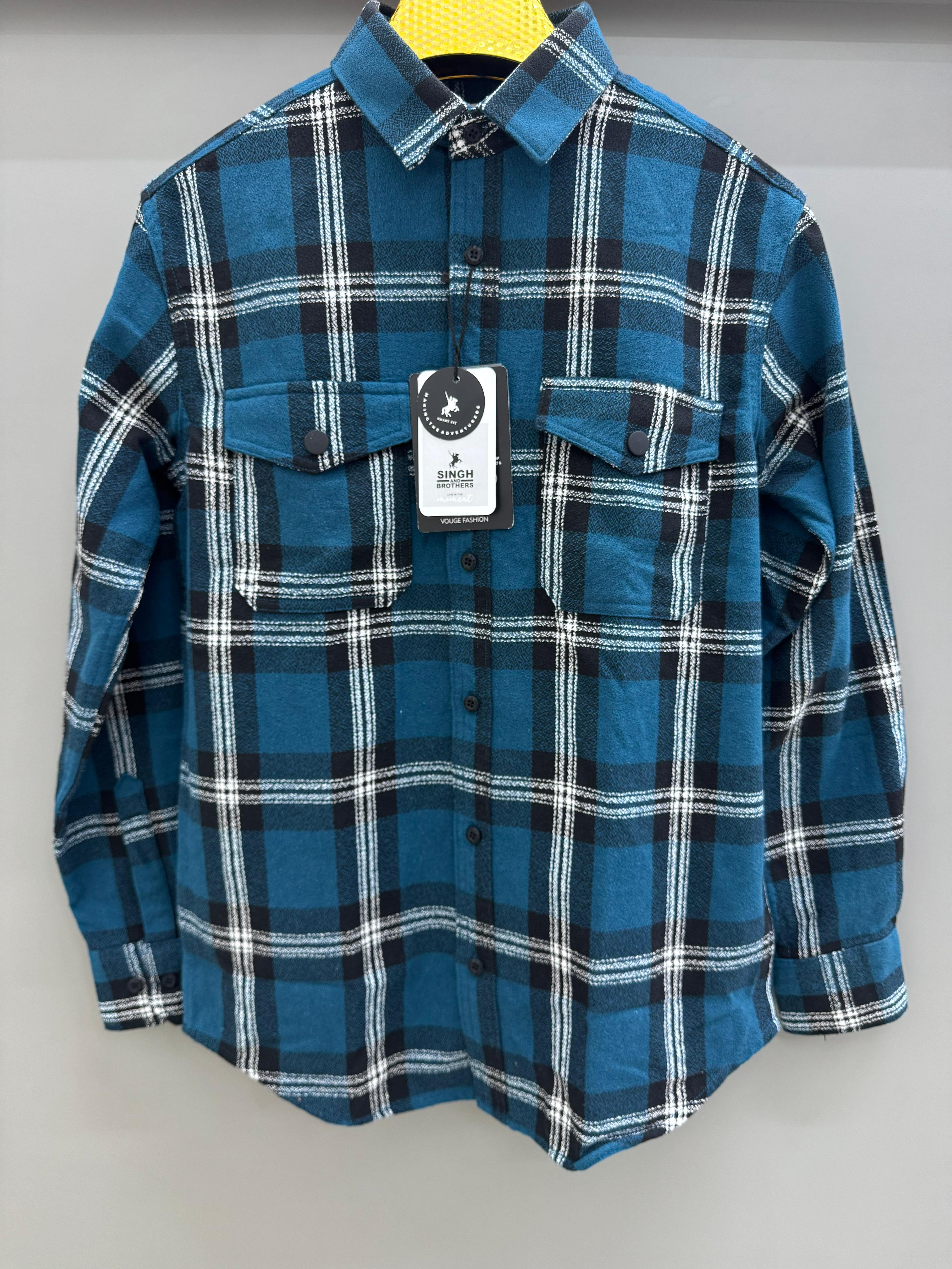 Double Pocket Back Print Blue Check Shirt