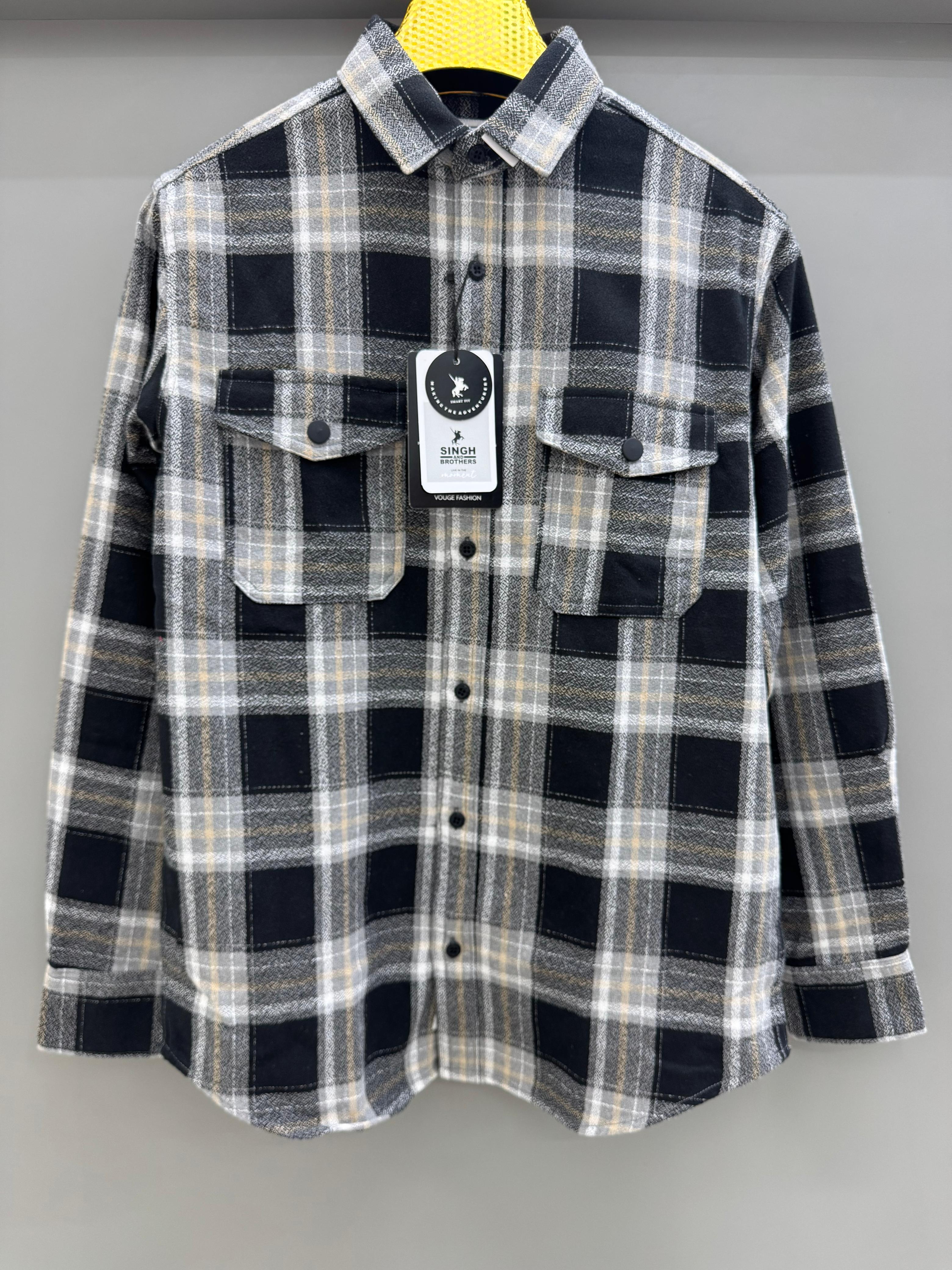 Double Pocket Back Print Black Check Shirt