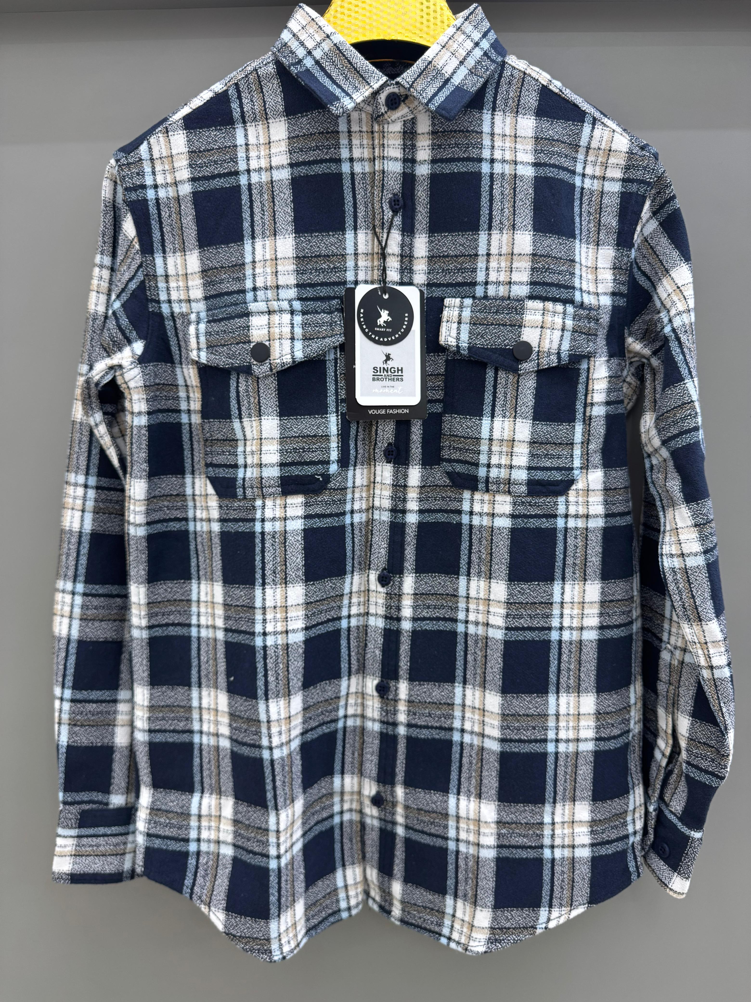Double Pocket Back Print White Blue Check Shirt