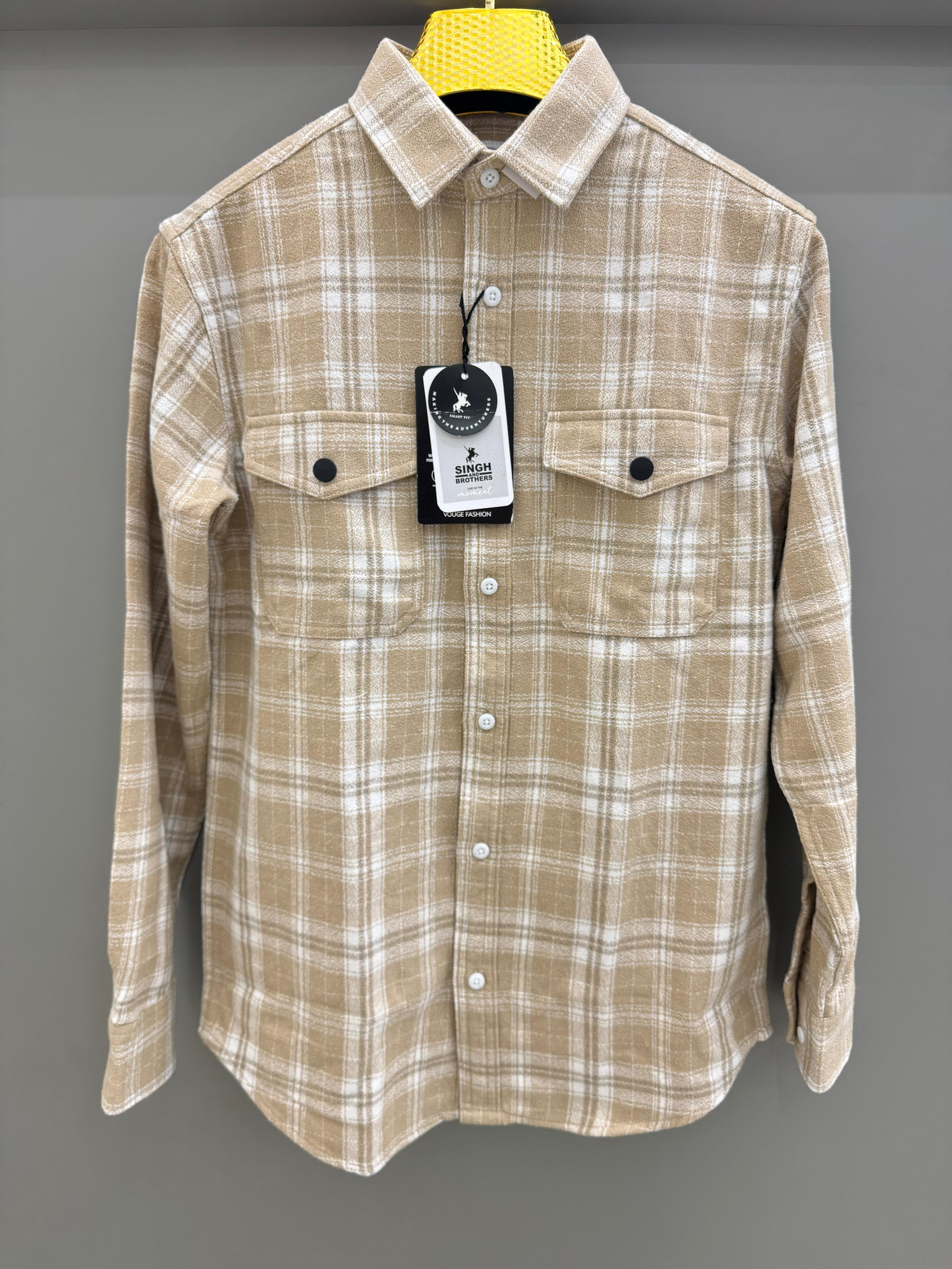 Double Pocket Back Print Cream Check Shirt