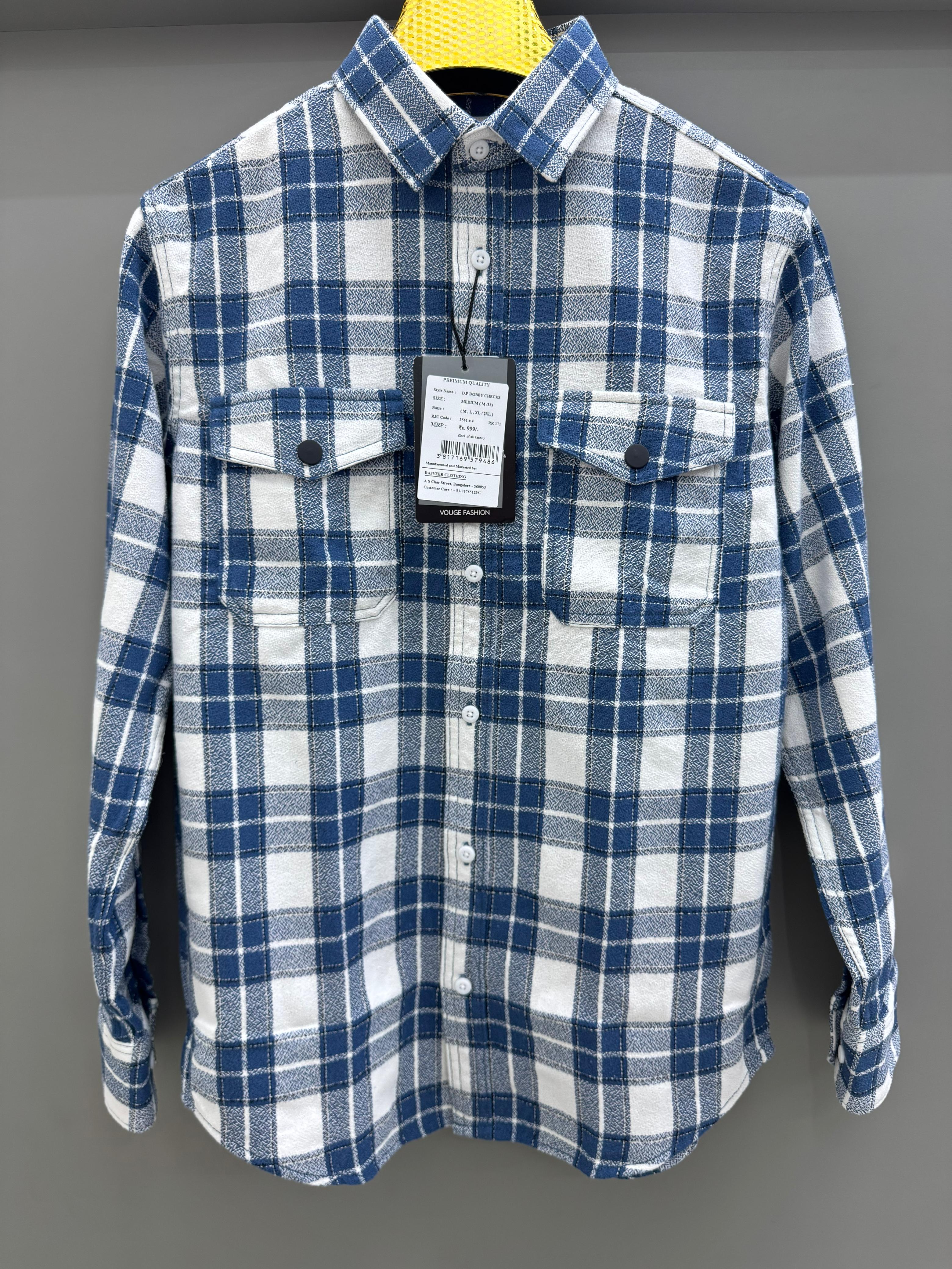 Double Pocket Back Print Blue Check Shirt