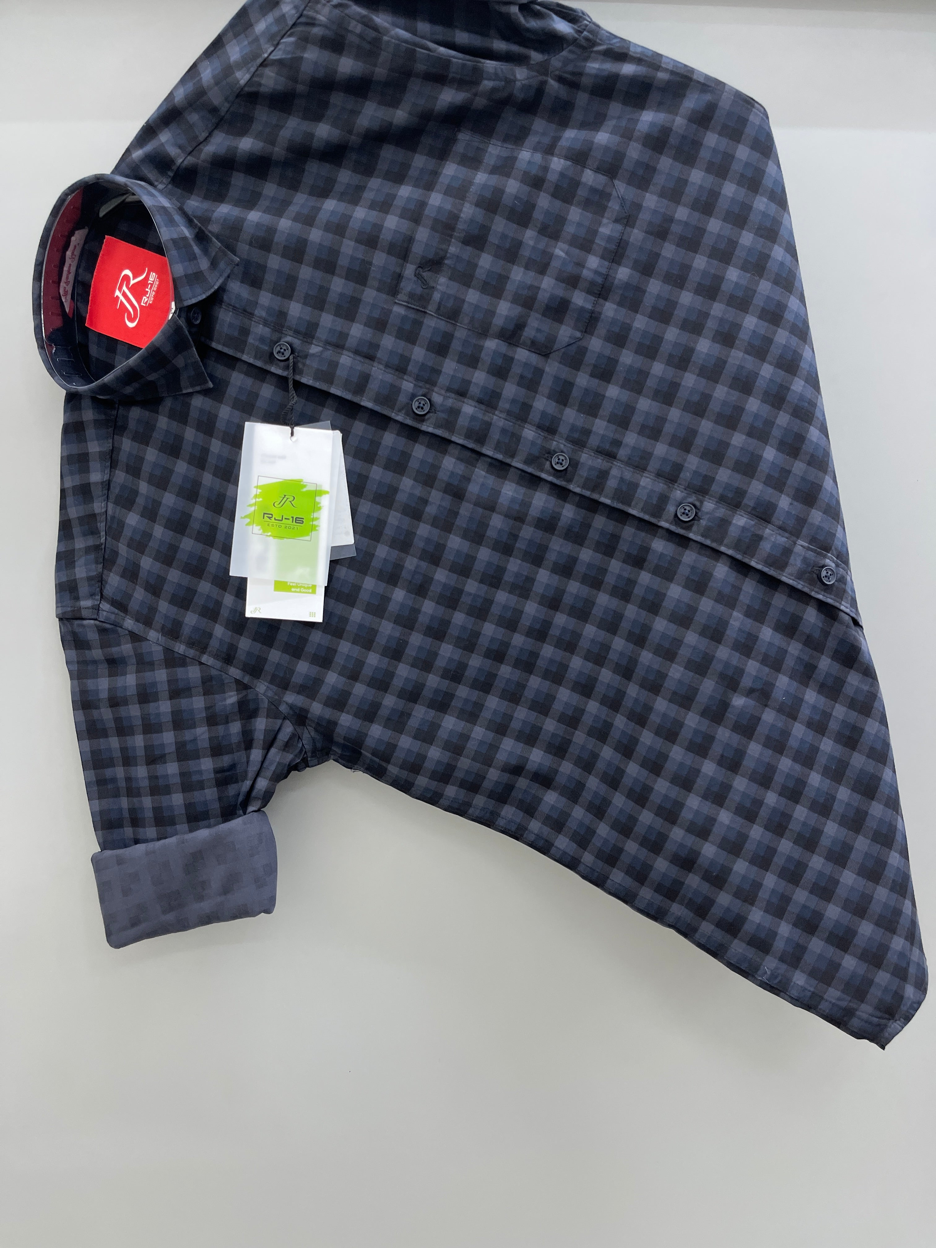 Blue black dot check shirt