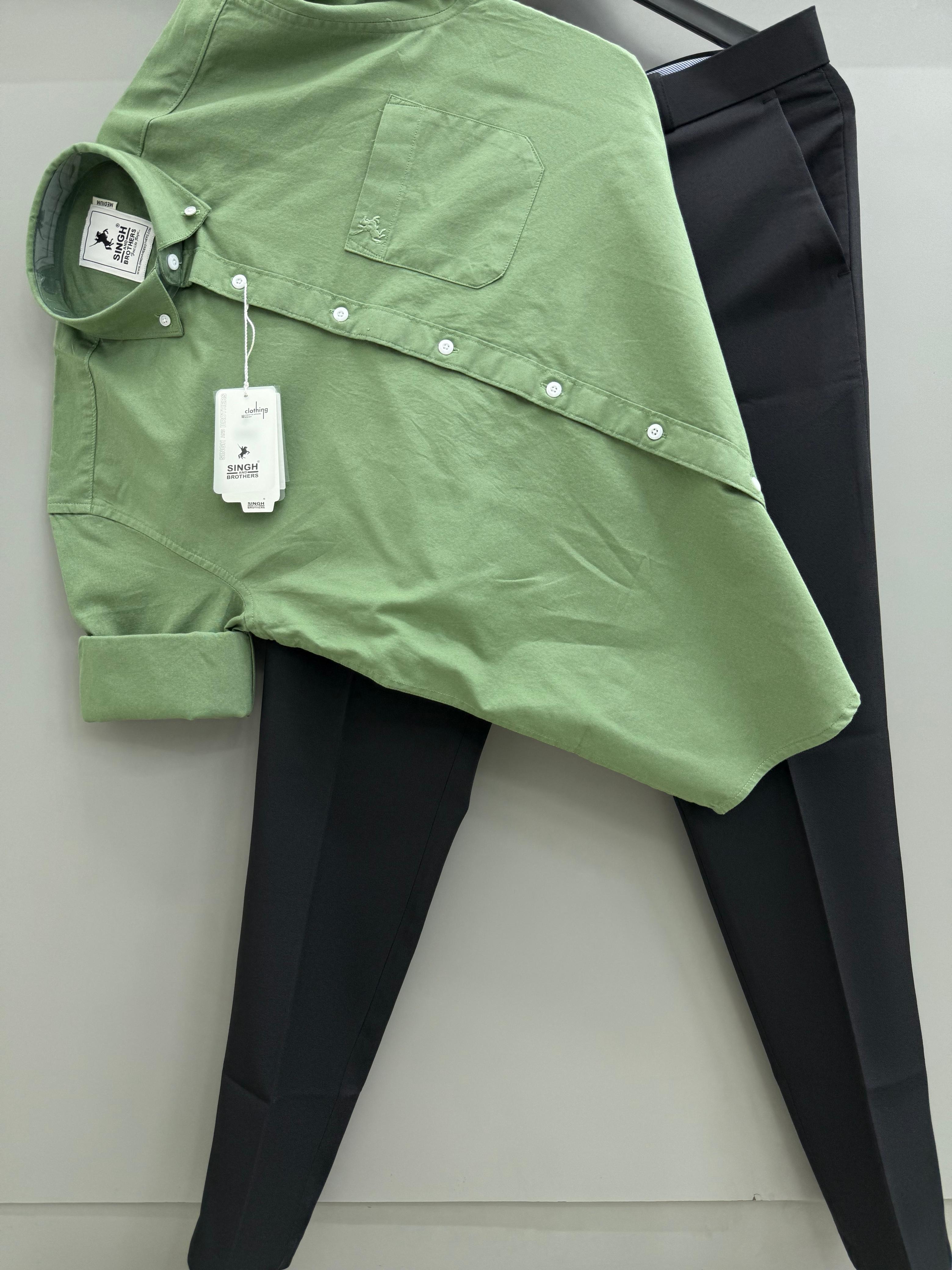 Olive Green Cotton Oxford Shirt With Black Formal Pant
