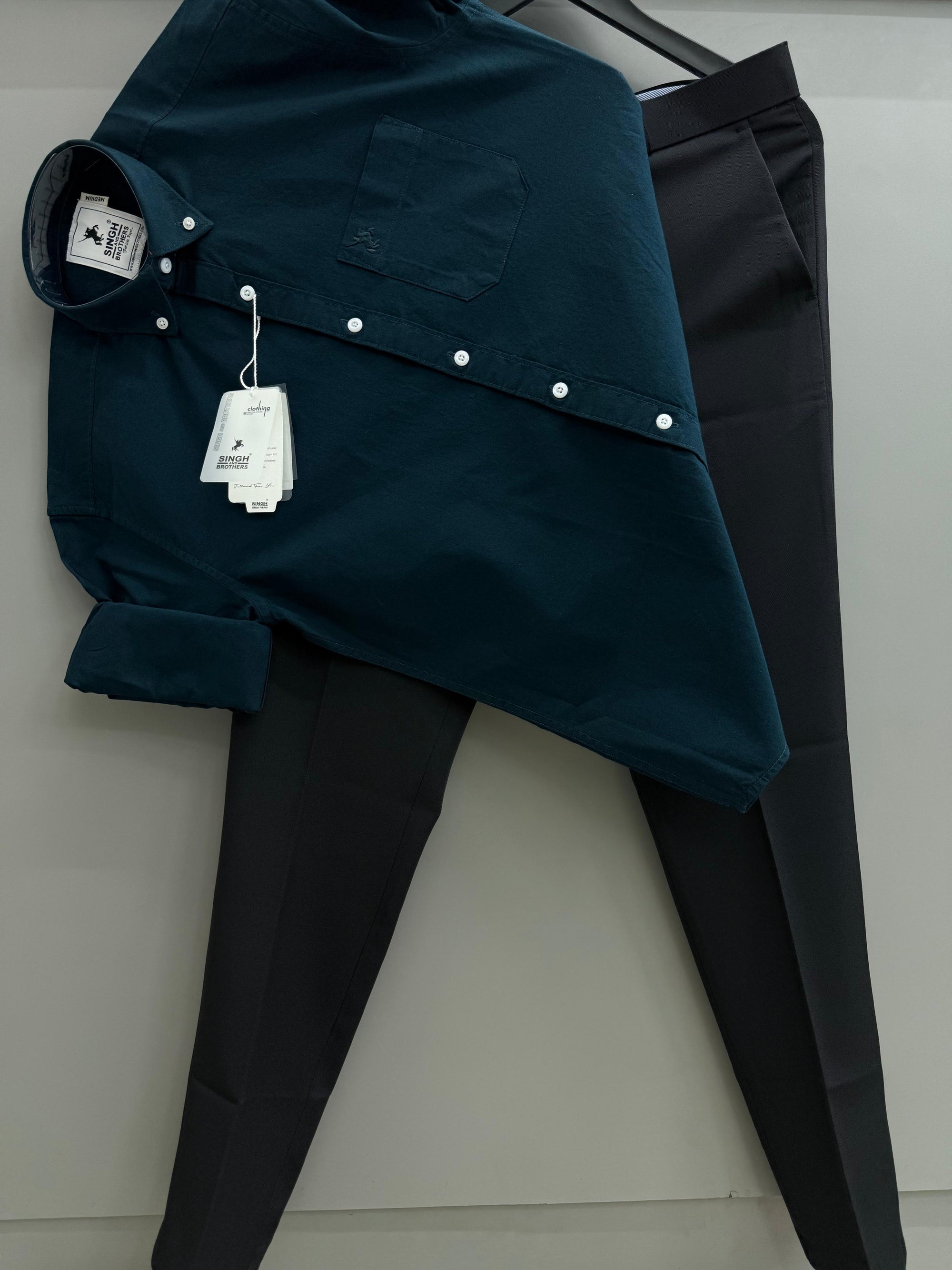 Teal Green Cotton Oxford Shirt With Black Formal Pant
