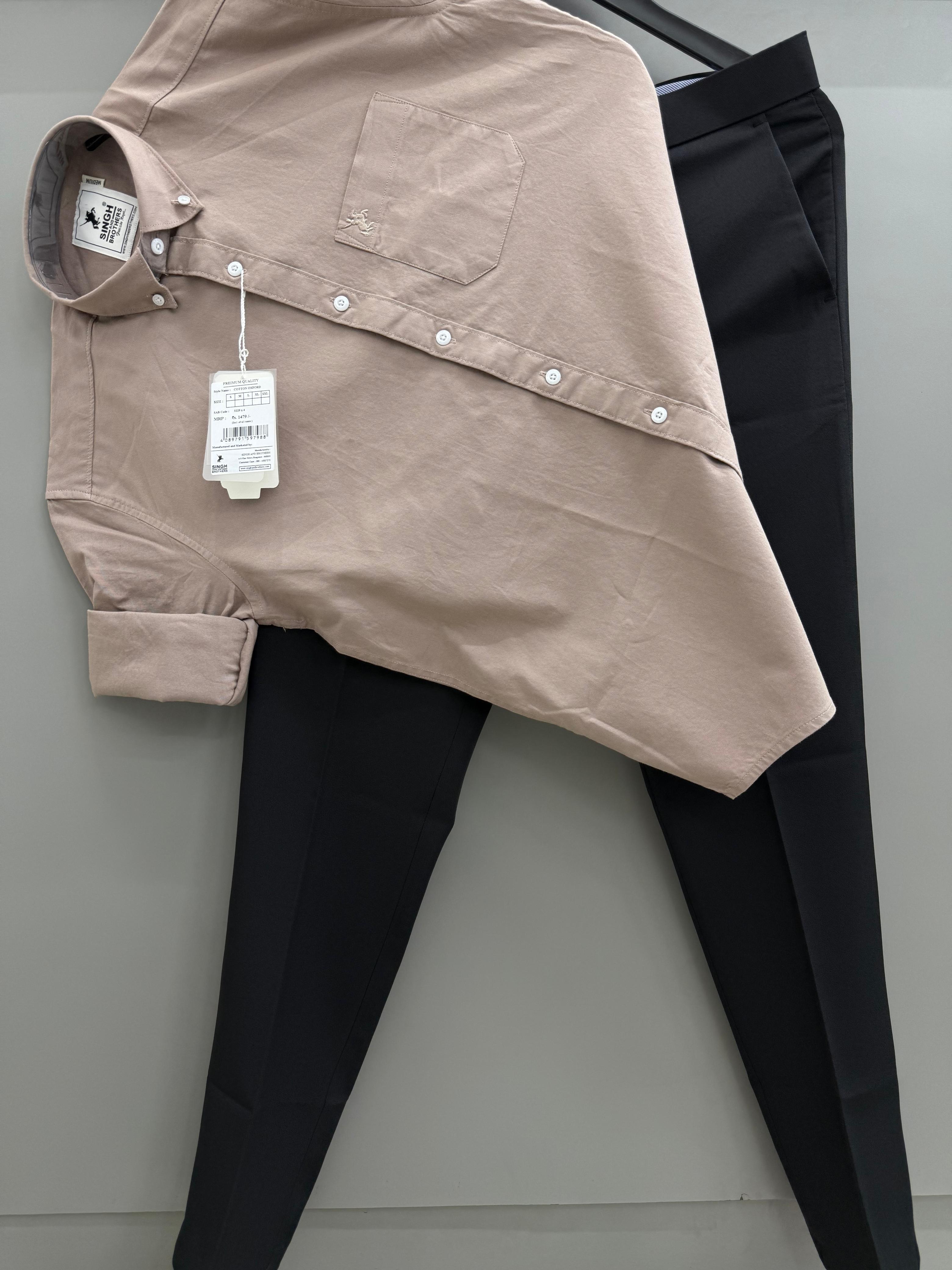 Light Beige Cotton Oxford Shirt With Black Formal Pant