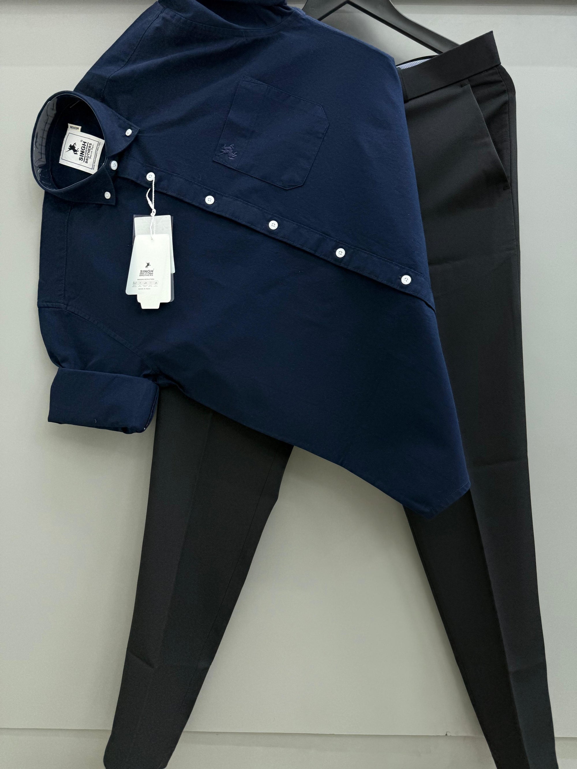 Navy Blue Cotton Oxford Shirt With Black Formal Pant