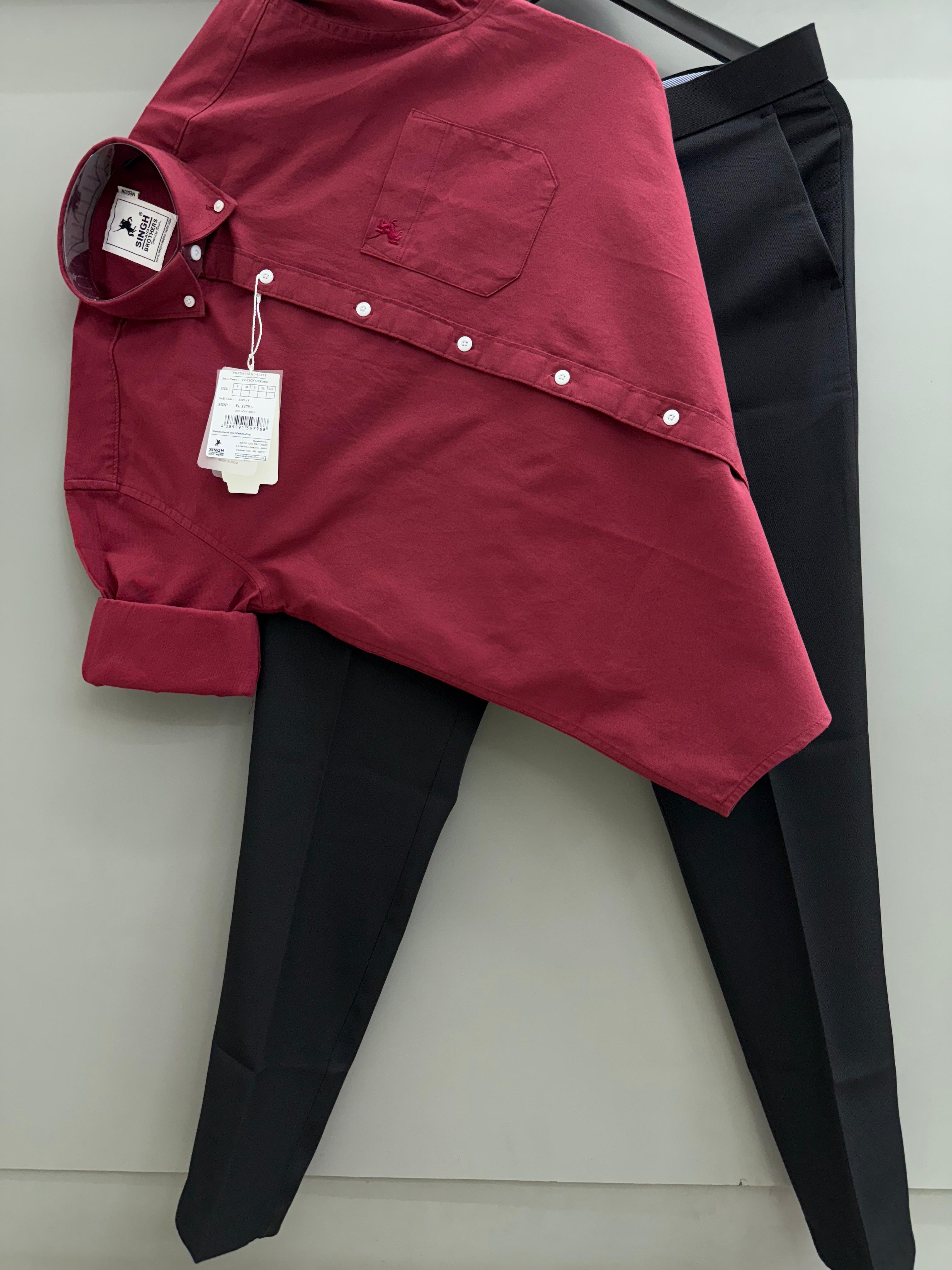 Wine Red Cotton Oxford Shirt With Black Formal Pant