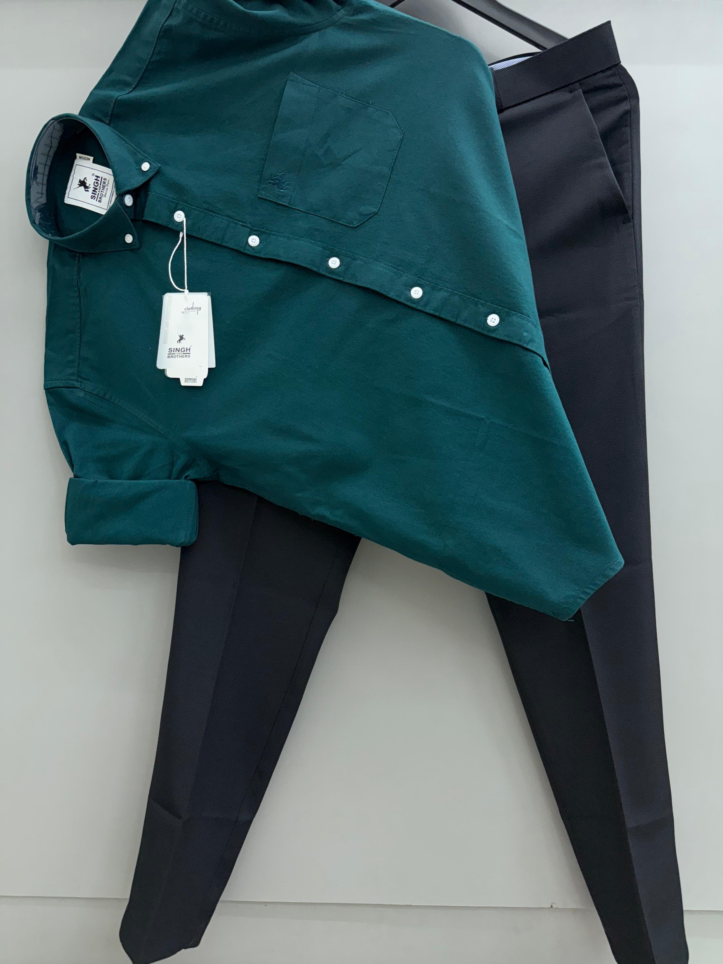 Bottle Green Cotton Oxford Shirt With Black Formal Pant