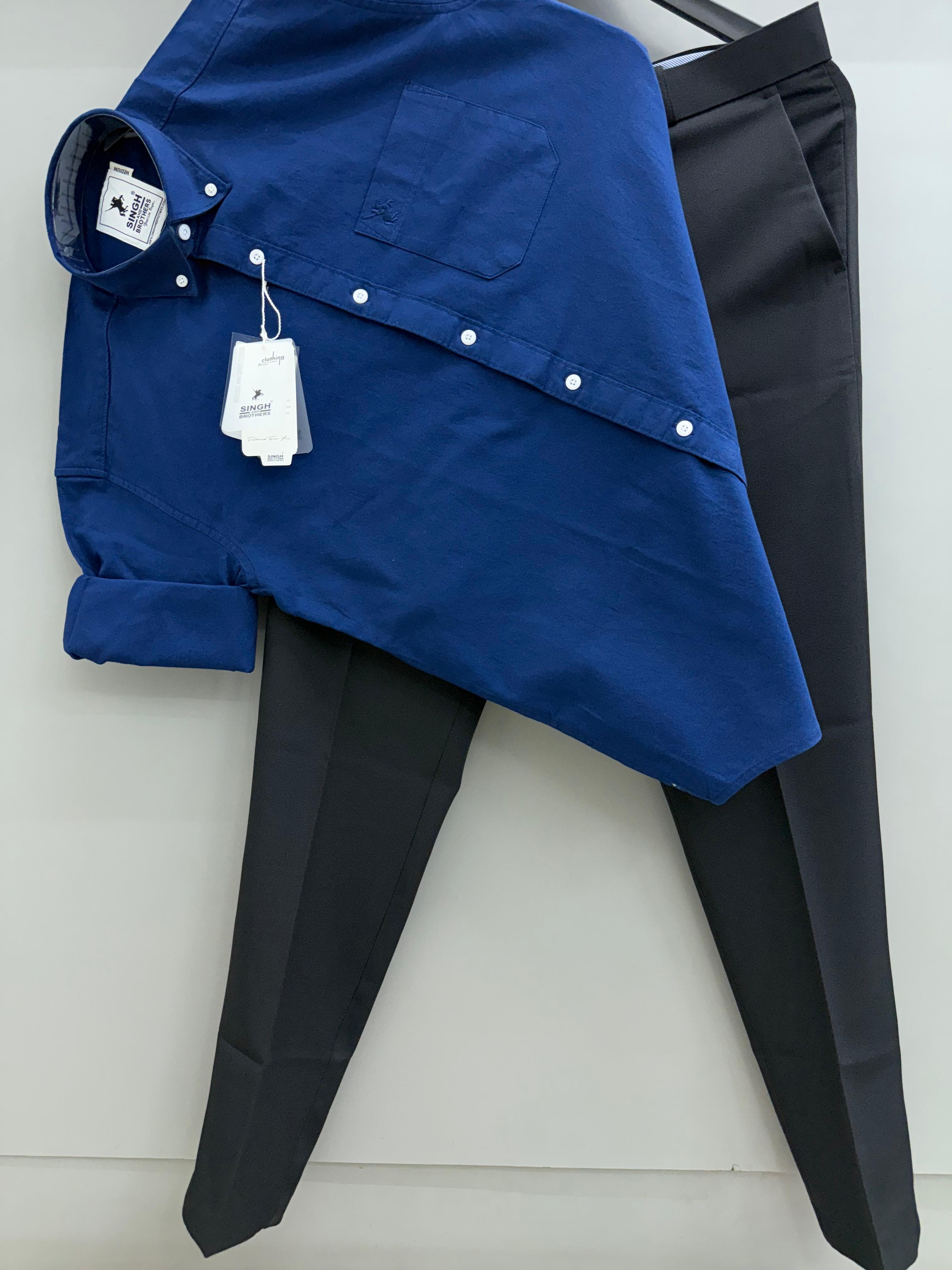 Royal Blue Cotton Oxford Shirt With Black Formal Pant