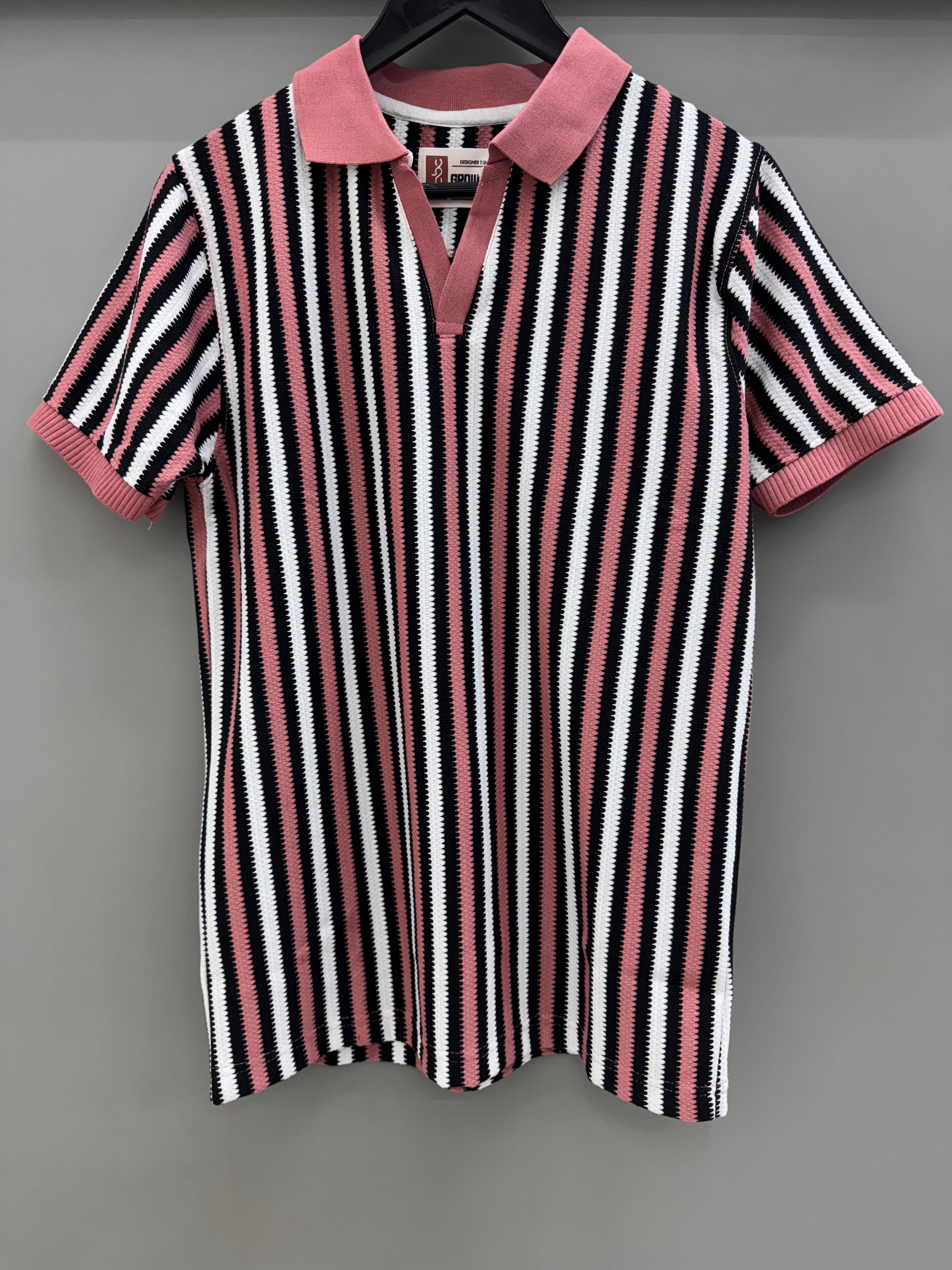 pink strip collar H/S T-shirts