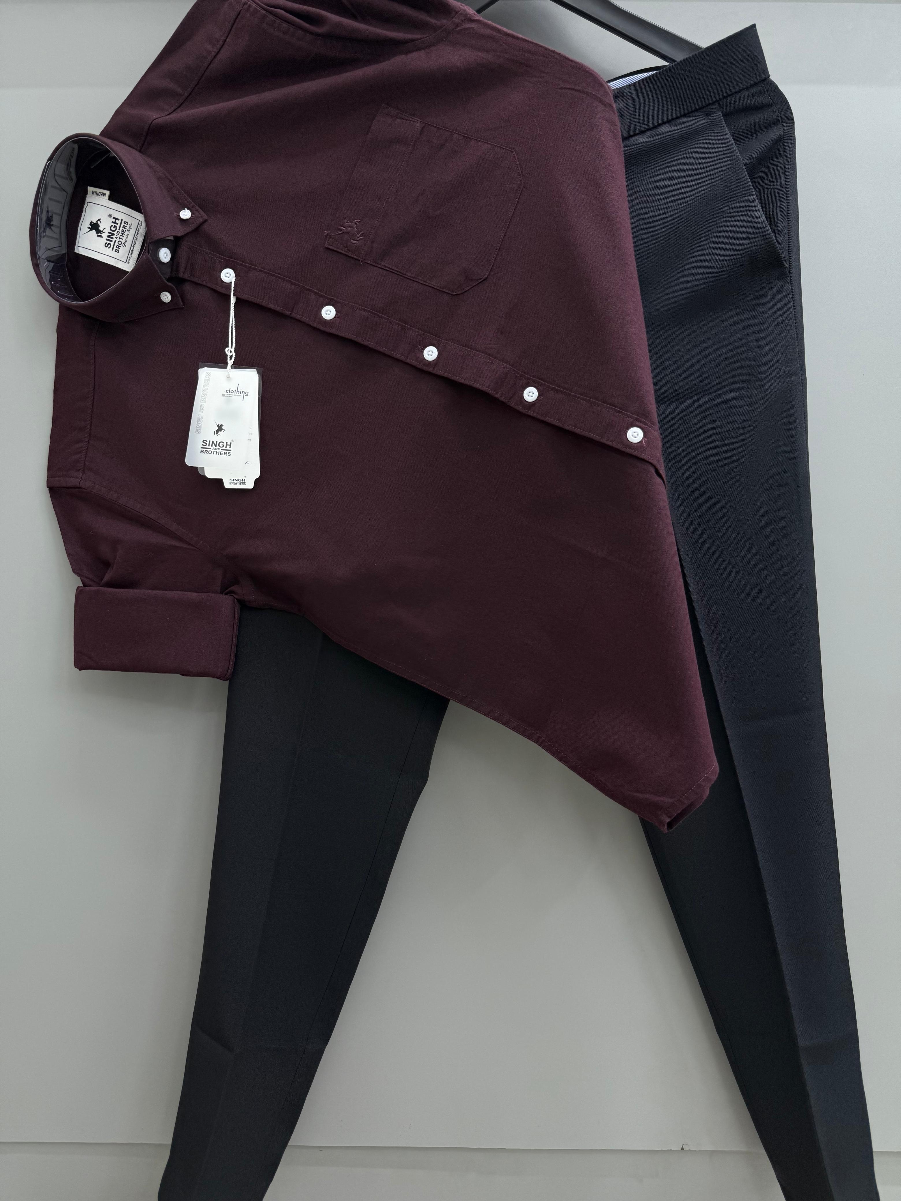 Maroon Wine Cotton Oxford Shirt With Black Formal Pant