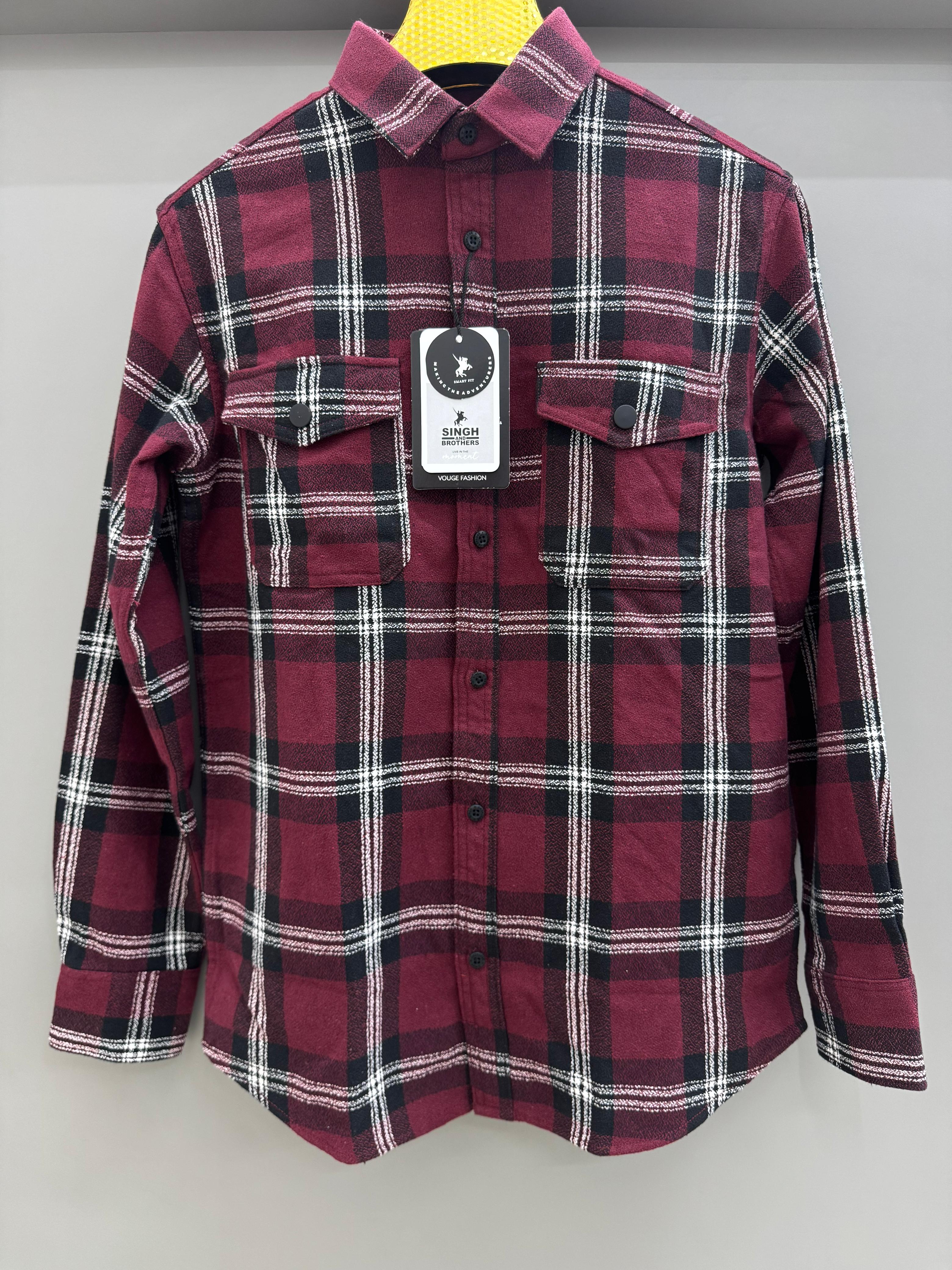 Double Pocket Back Print Red Check Shirt