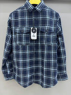 Double Pocket Back Print Navy Blue White Check Shirt