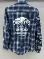 Double Pocket Back Print Navy Blue White Check Shirt