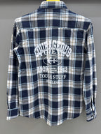 Double Pocket Back Print Blue White Check Shirt