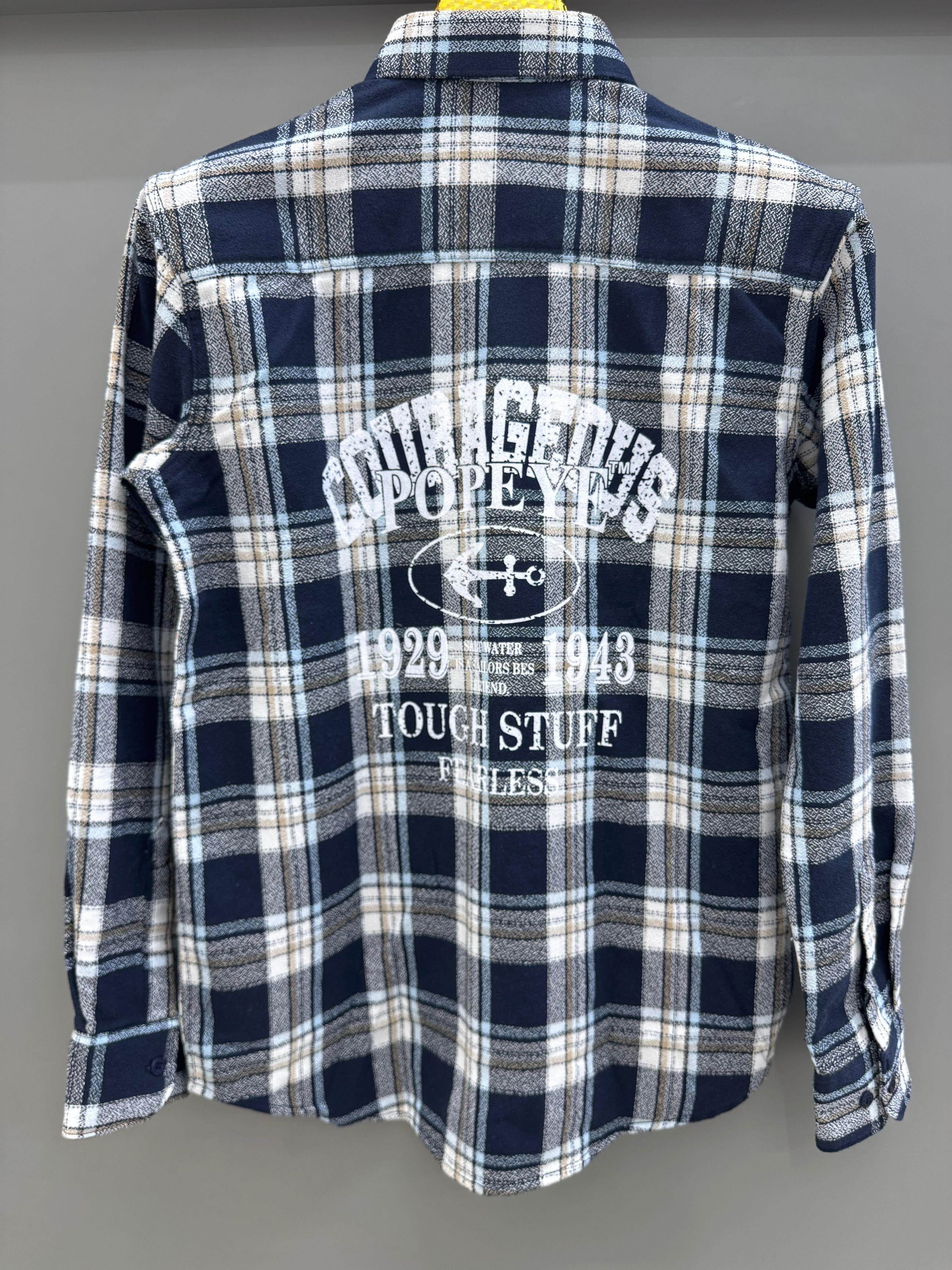 Double Pocket Back Print Blue White Check Shirt