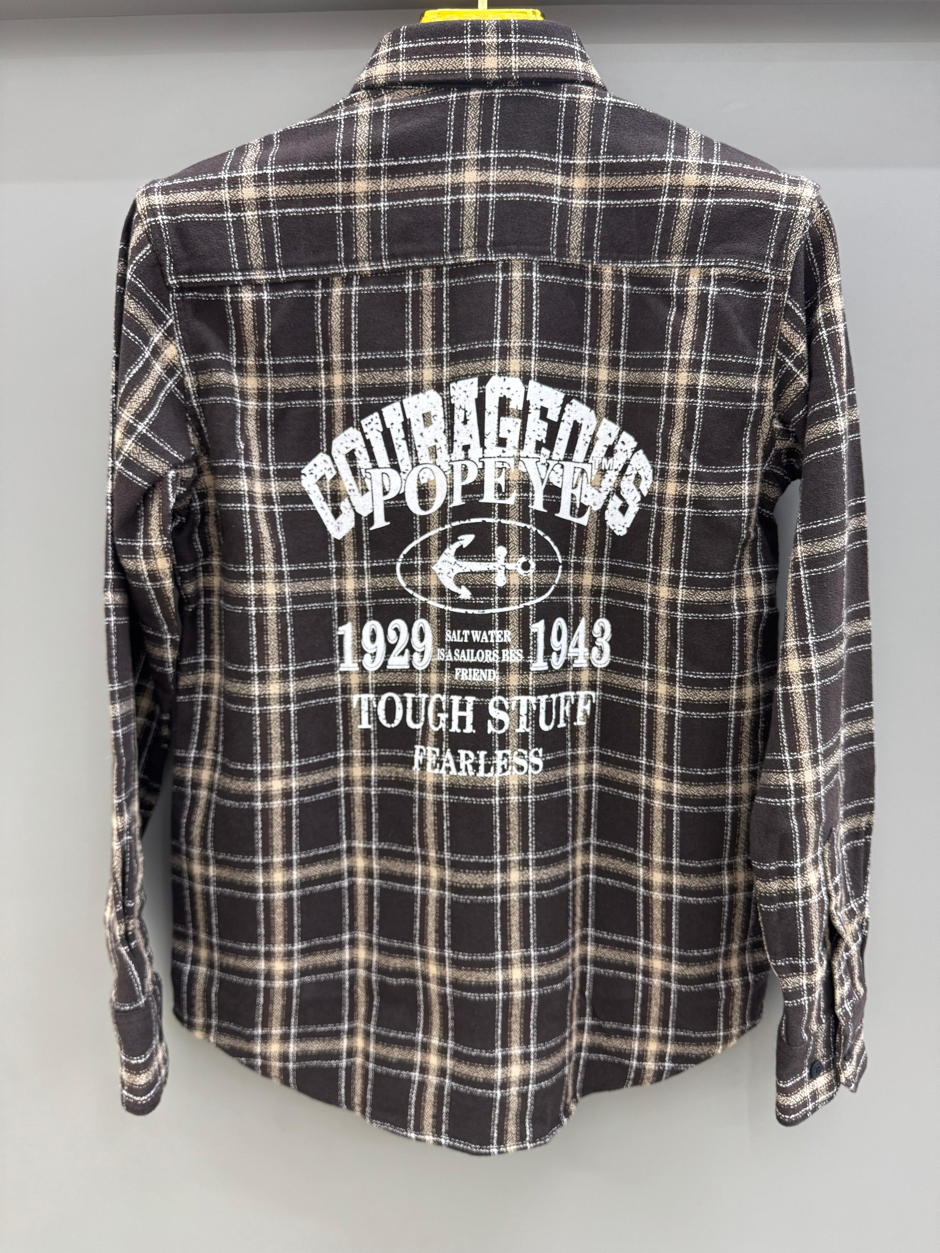 Double Pocket Back Print Brown Check Shirt