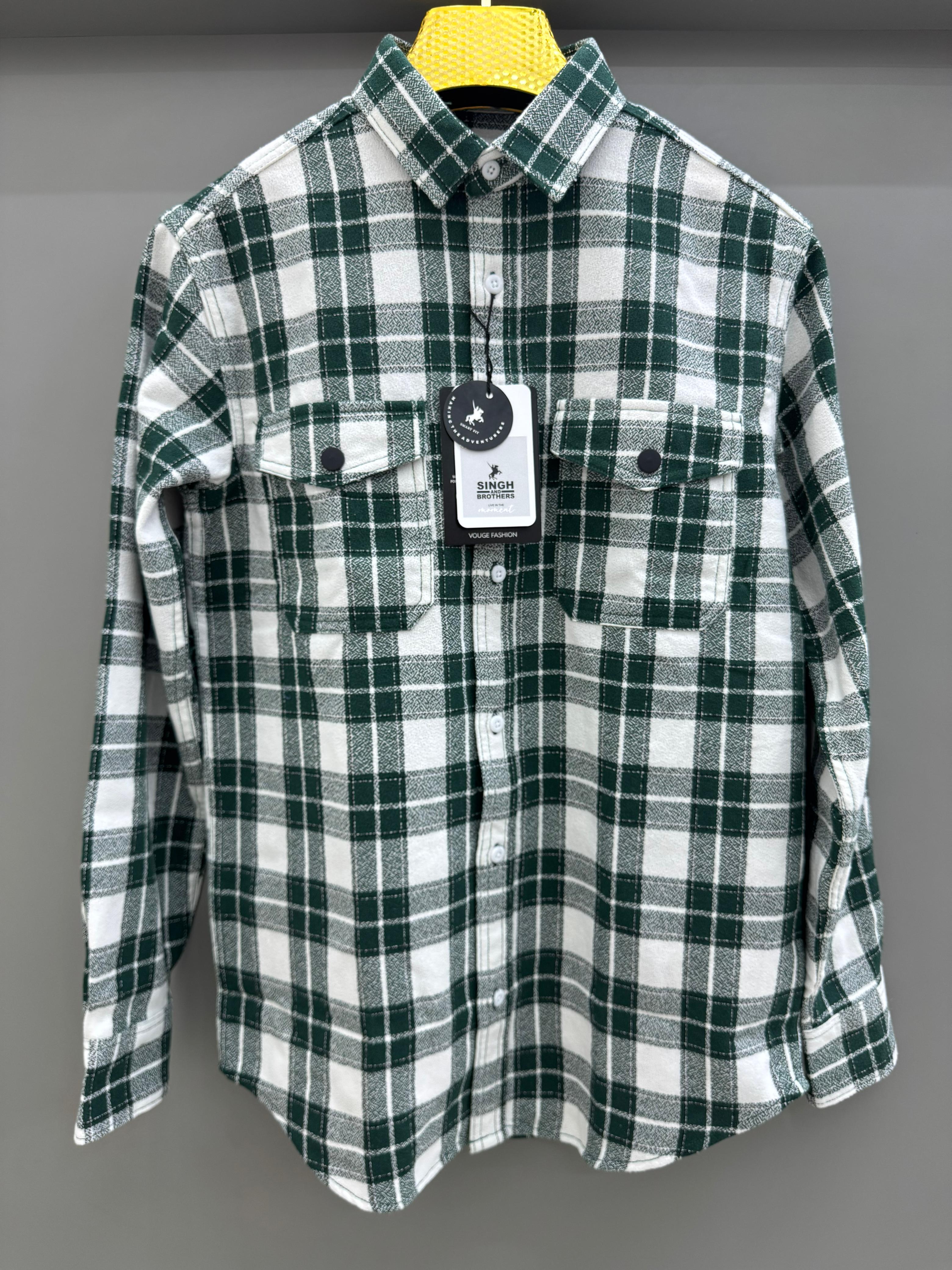 Double Pocket Back Print White Green Check Shirt