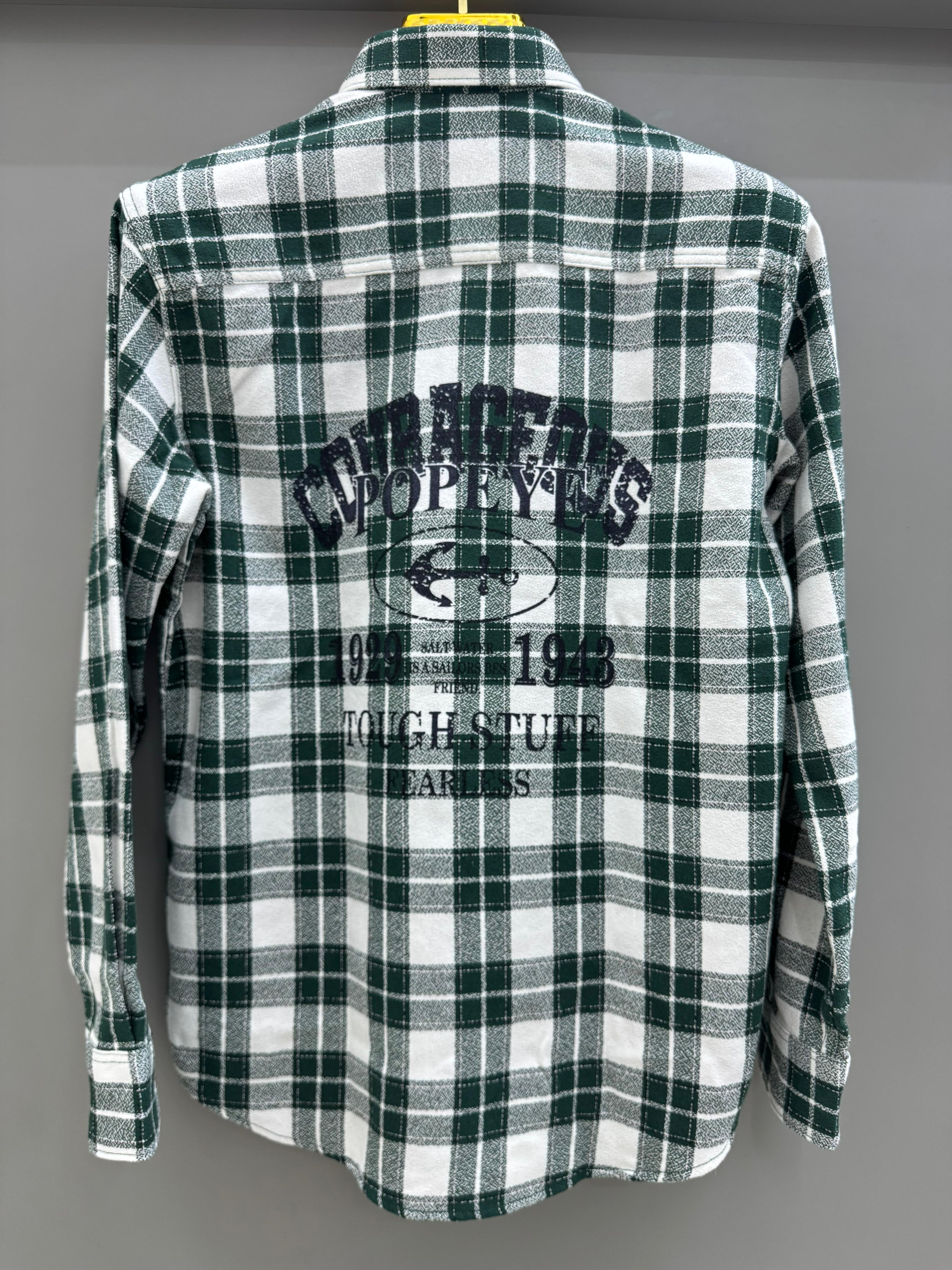 Double Pocket Back Print White Green Check Shirt