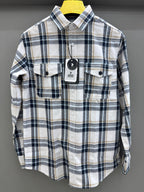 Double Pocket Back Print White Blue Check Shirt