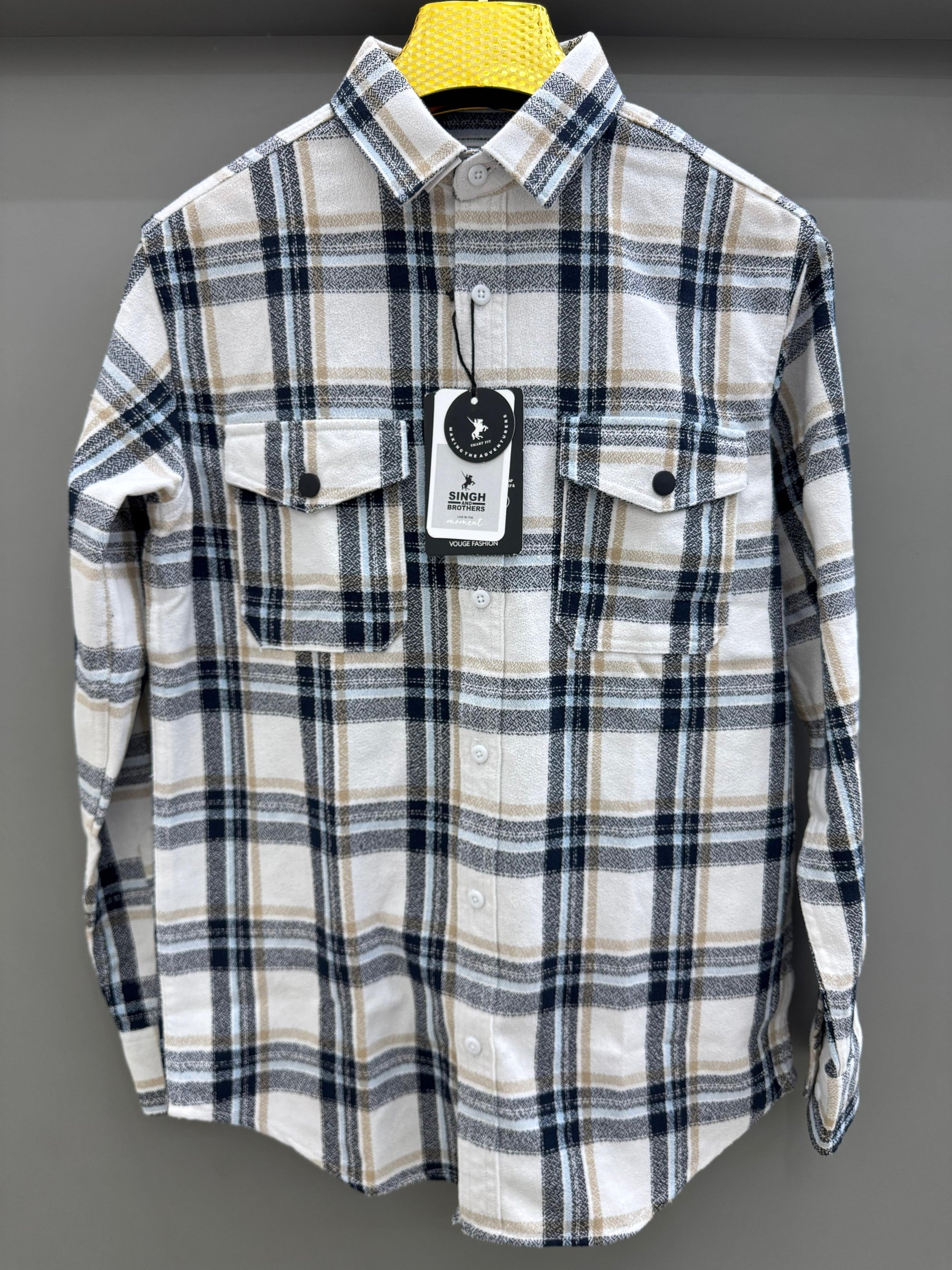 Double Pocket Back Print White Blue Check Shirt