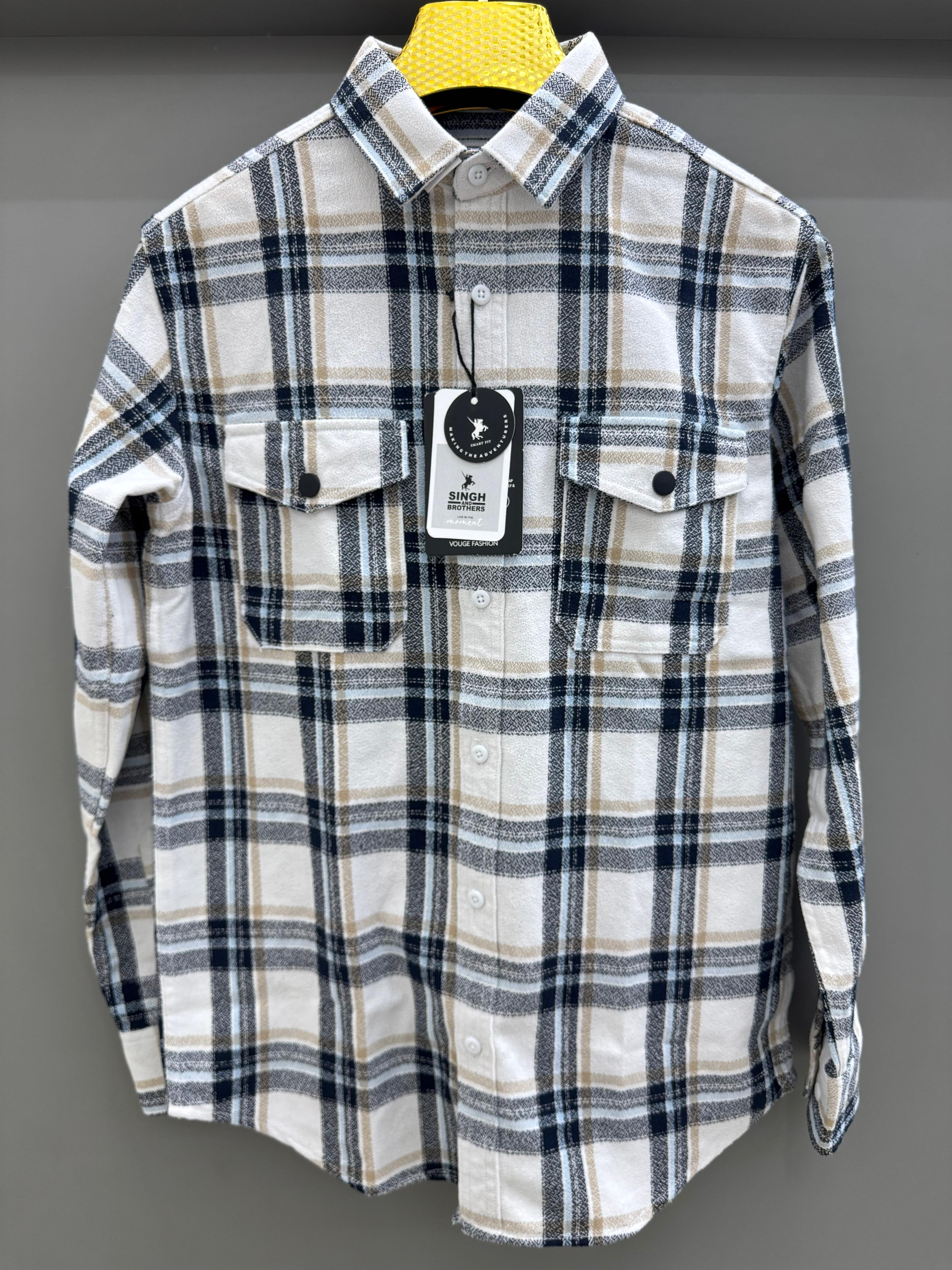 Double Pocket Back Print White Blue Check Shirt