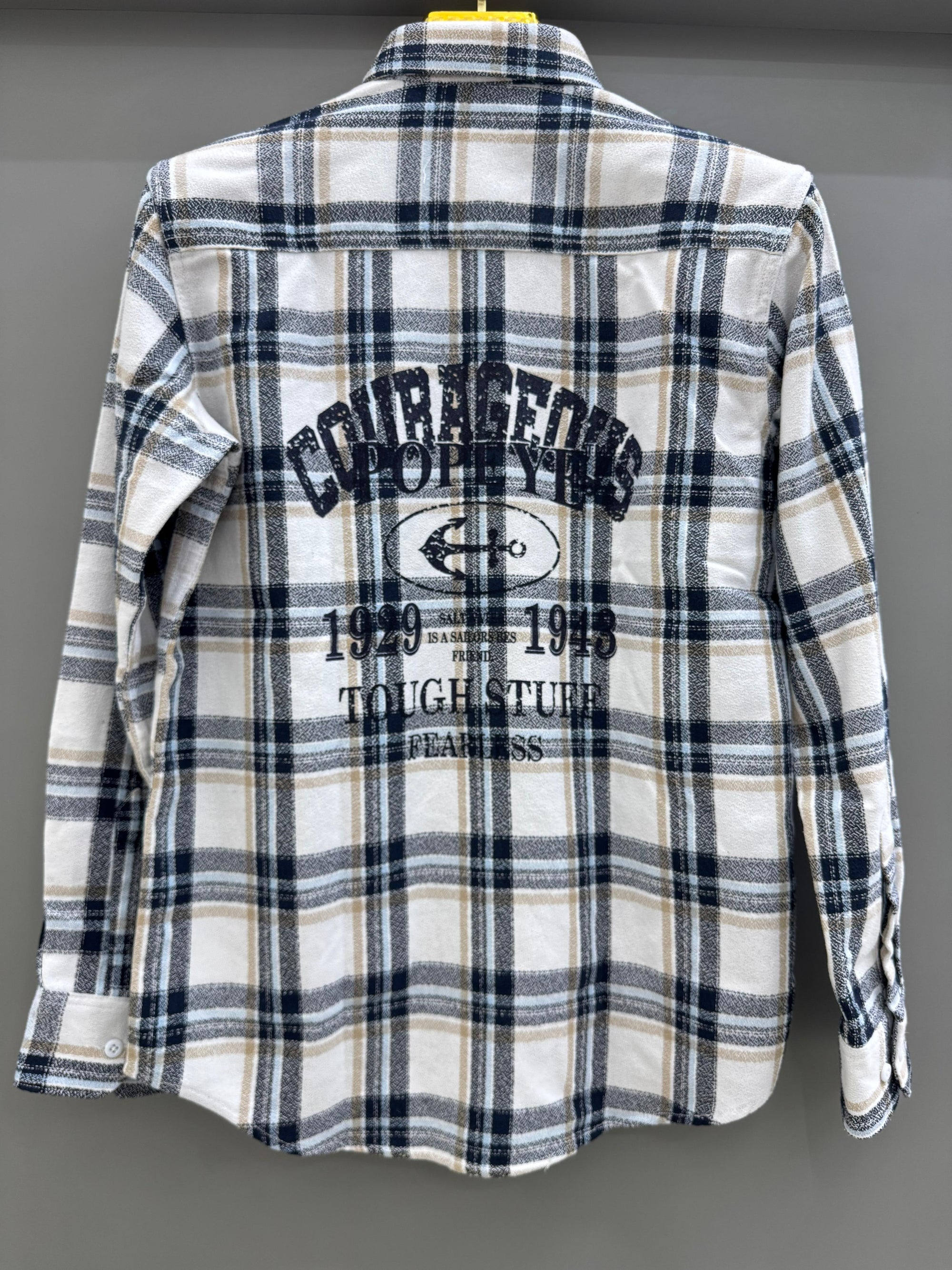 Double Pocket Back Print White Blue Check Shirt