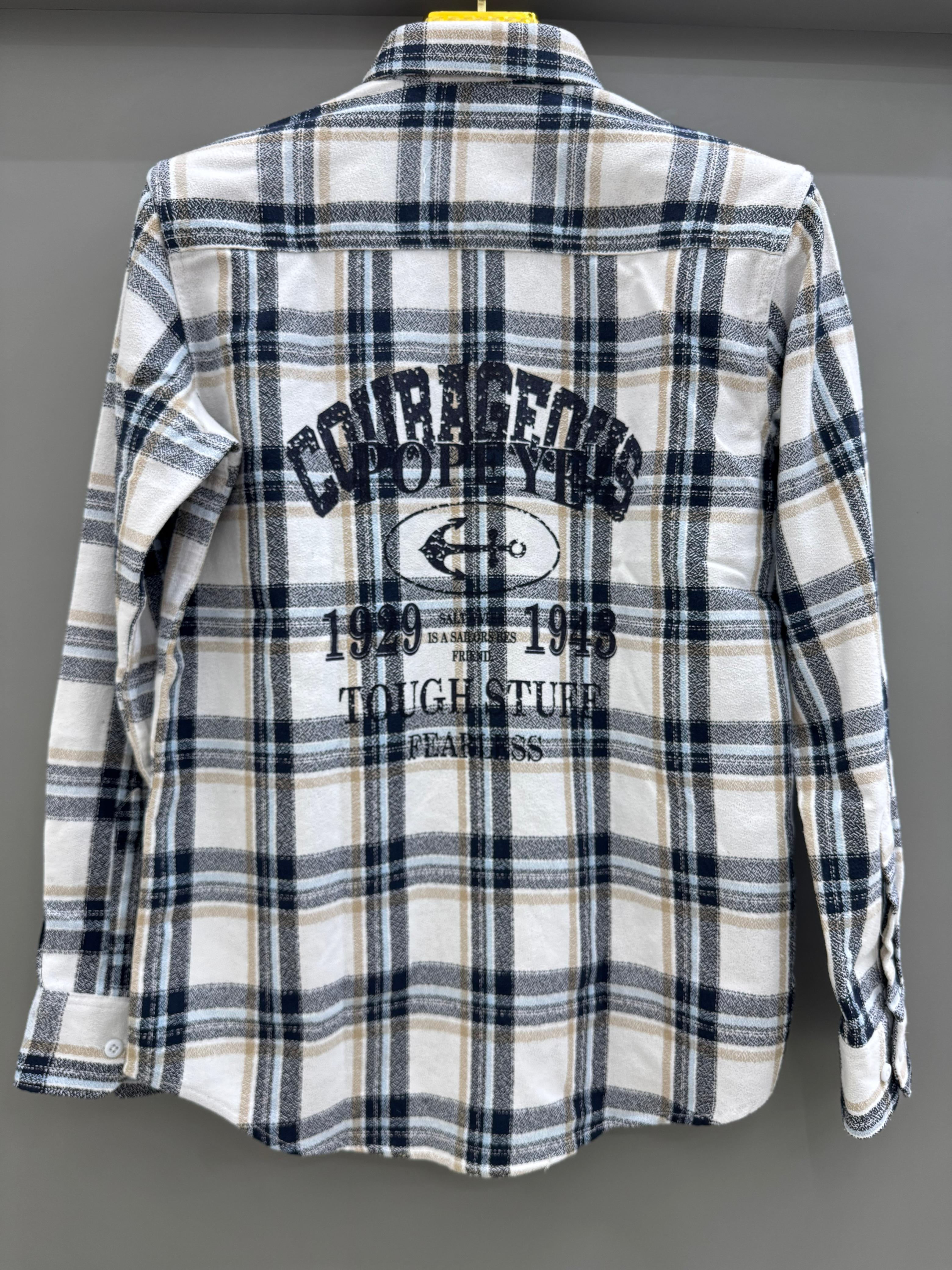 Double Pocket Back Print White Blue Check Shirt
