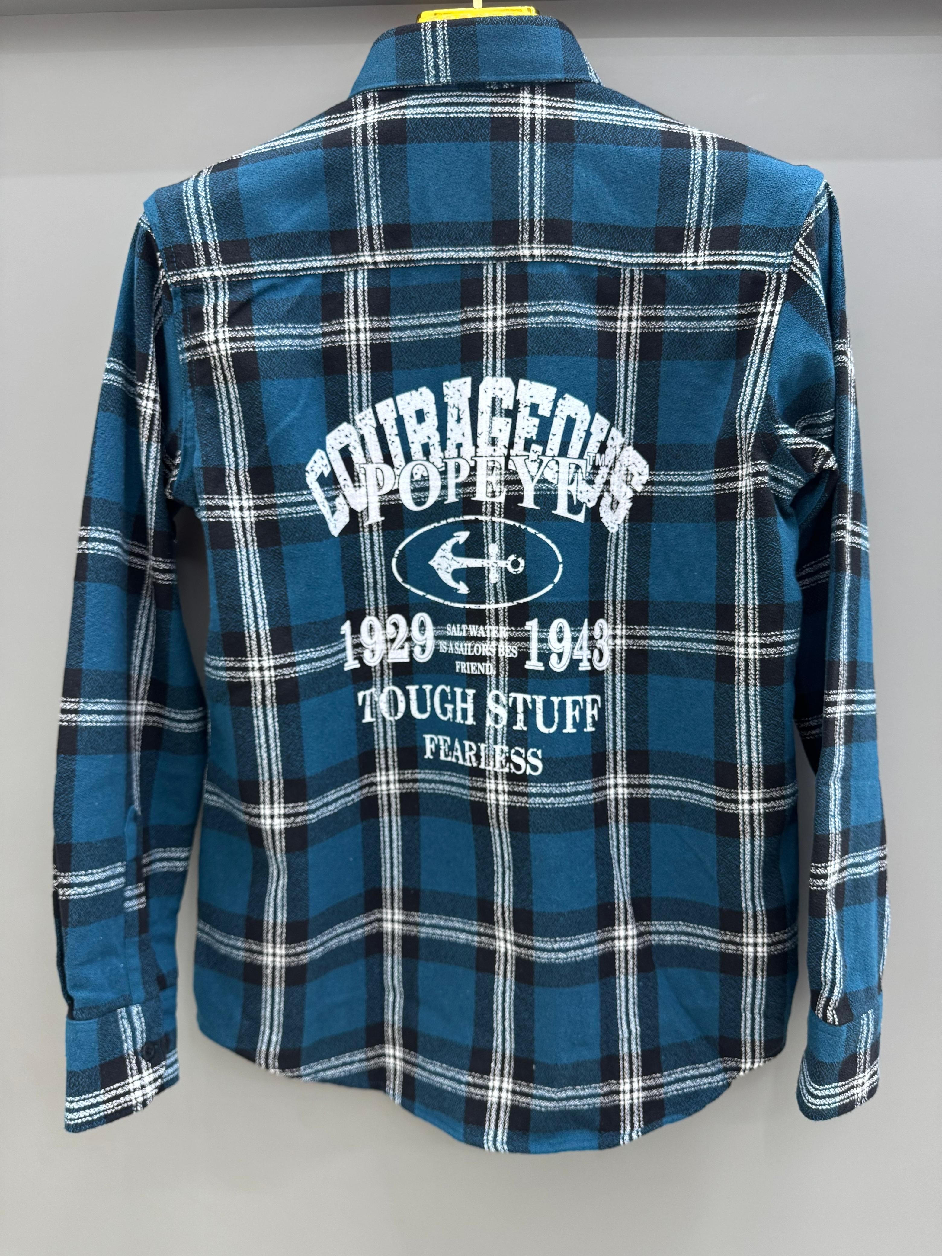 Double Pocket Back Print Blue Check Shirt