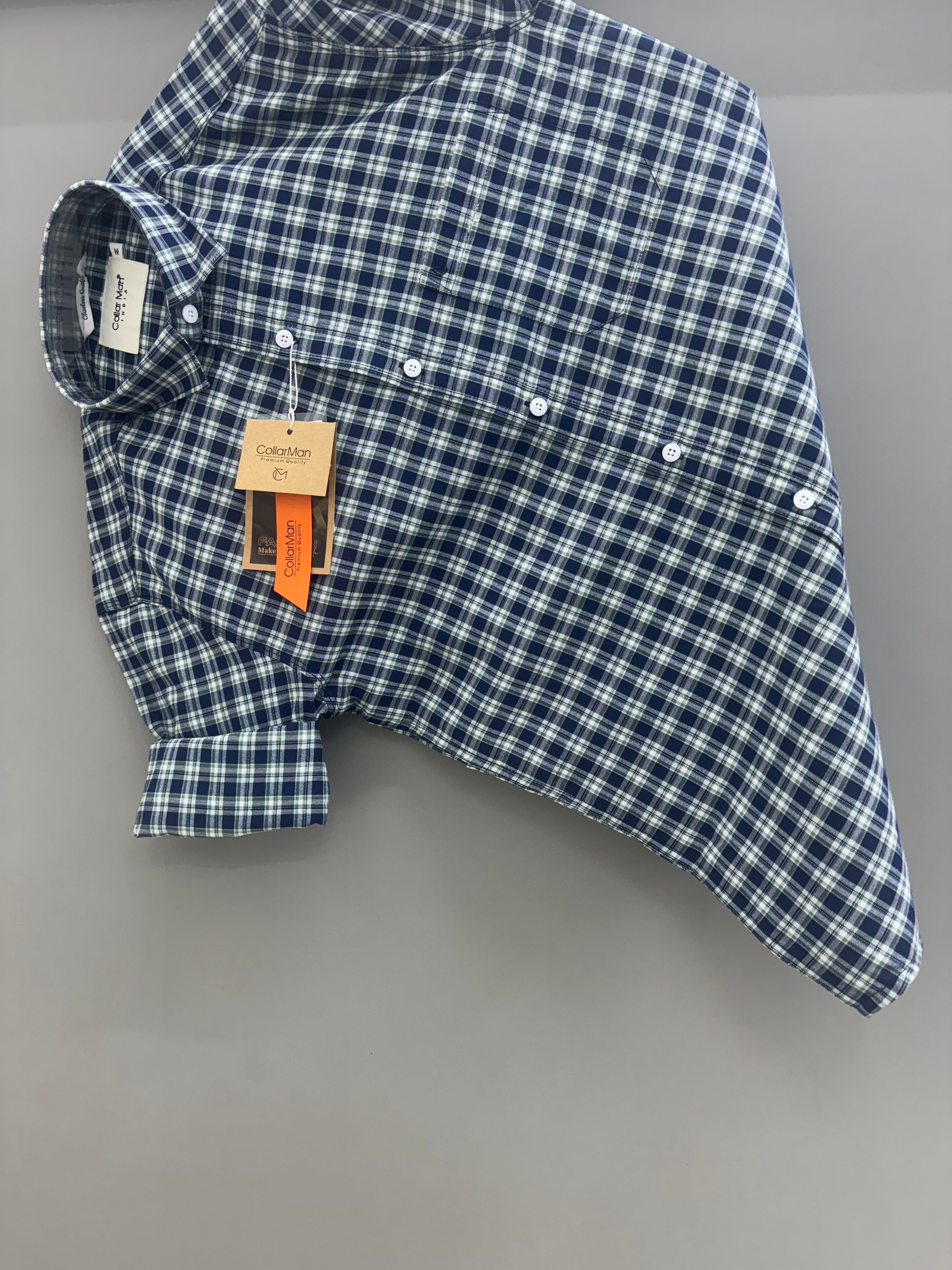Blue green box check shirt