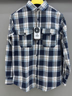 Double Pocket Back Print White Blue Check Shirt