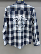 Double Pocket Back Print White Blue Check Shirt
