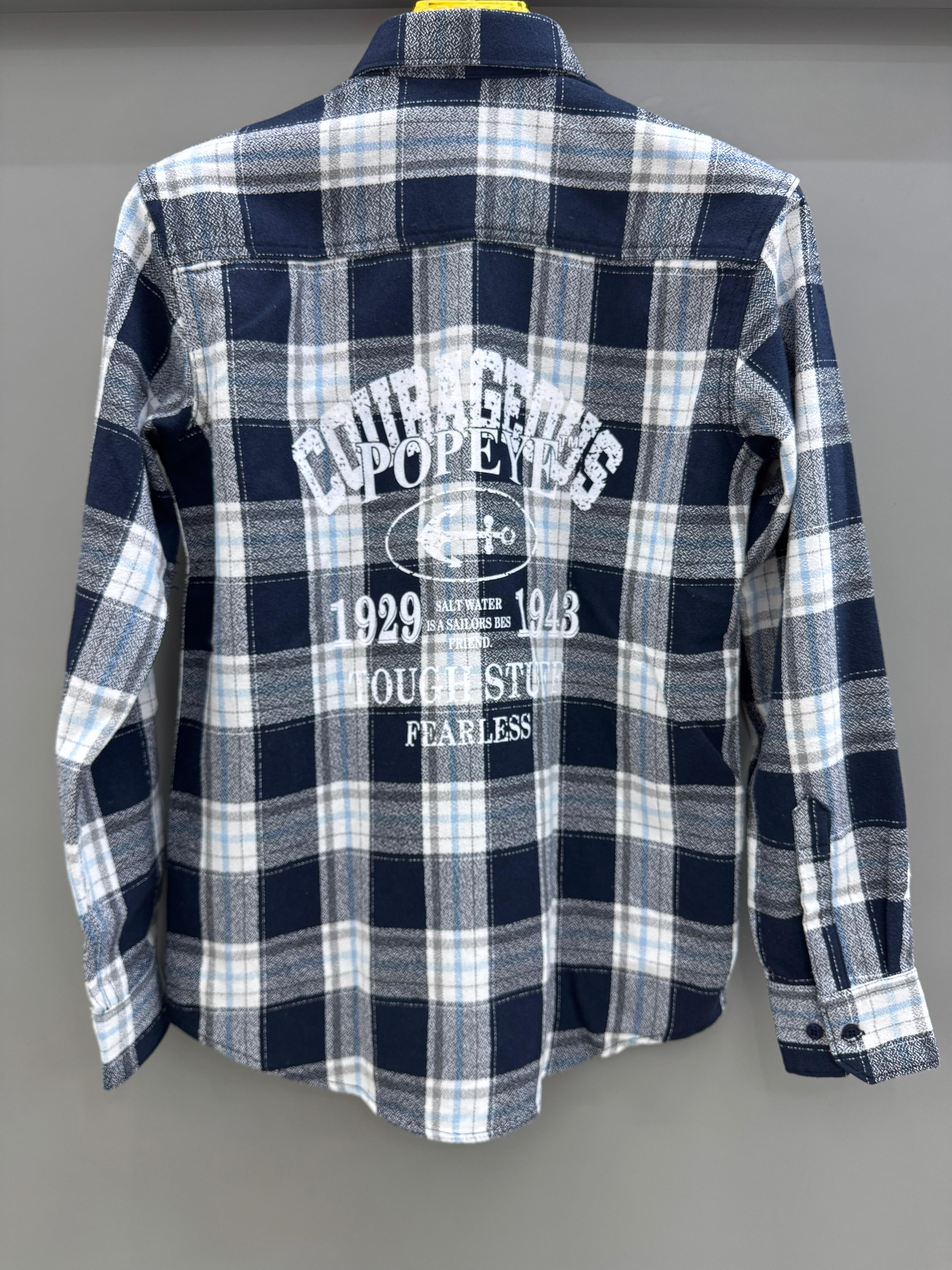 Double Pocket Back Print White Blue Check Shirt