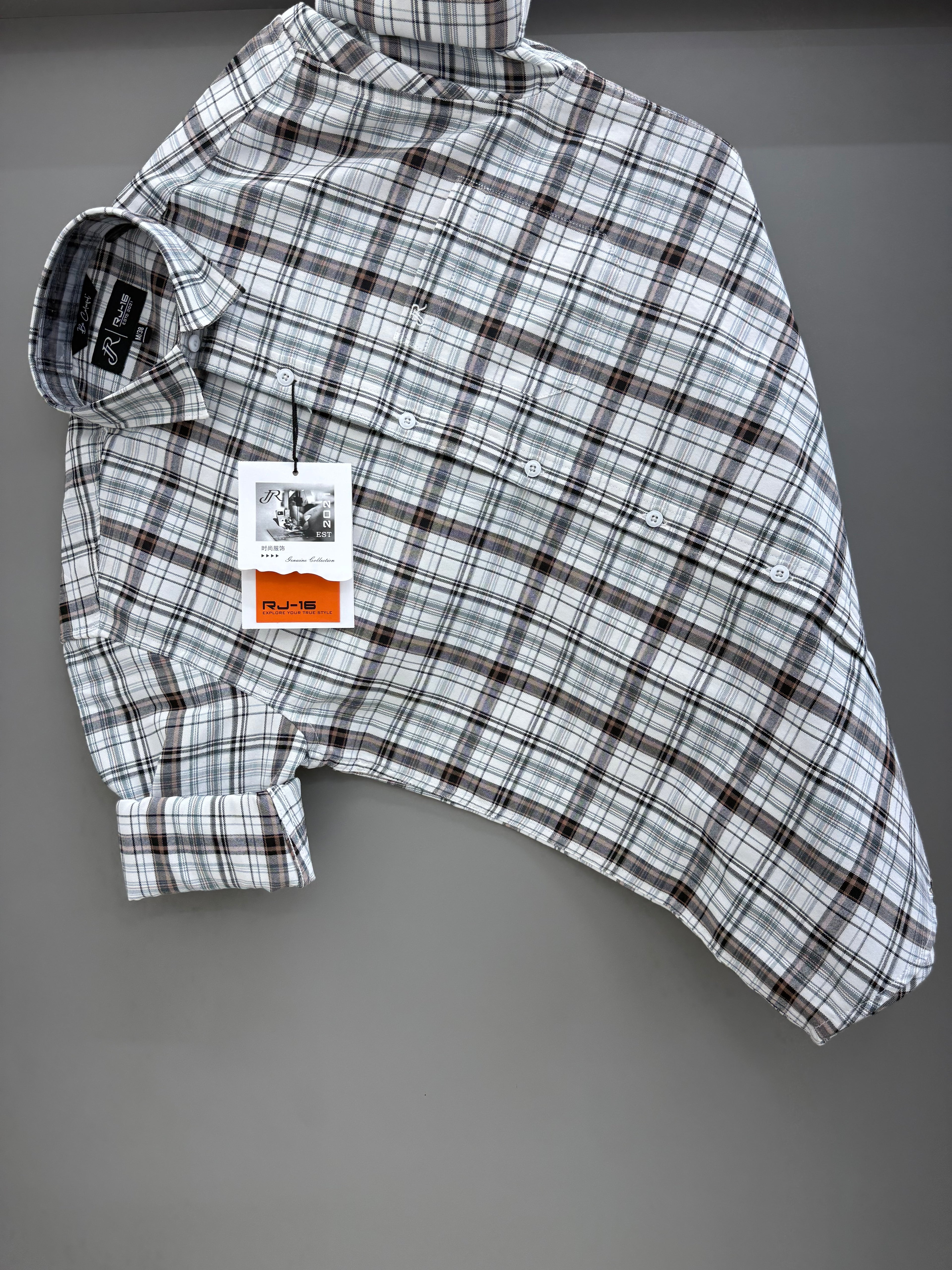 white brown check shirt