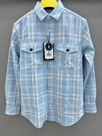 Double Pocket Back Print Sky Blue Check Shirt