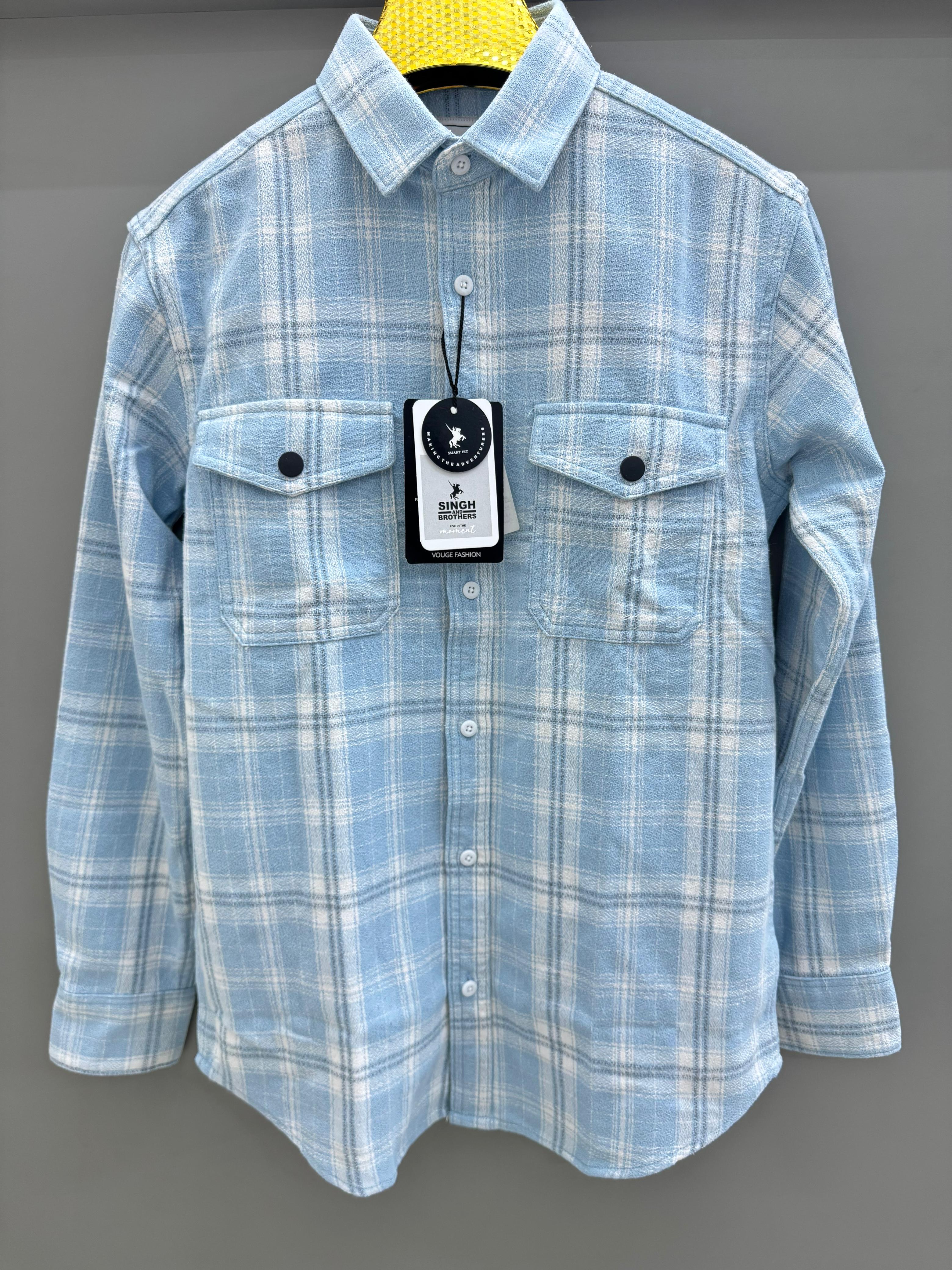 Double Pocket Back Print Sky Blue Check Shirt