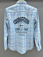 Double Pocket Back Print Sky Blue Check Shirt