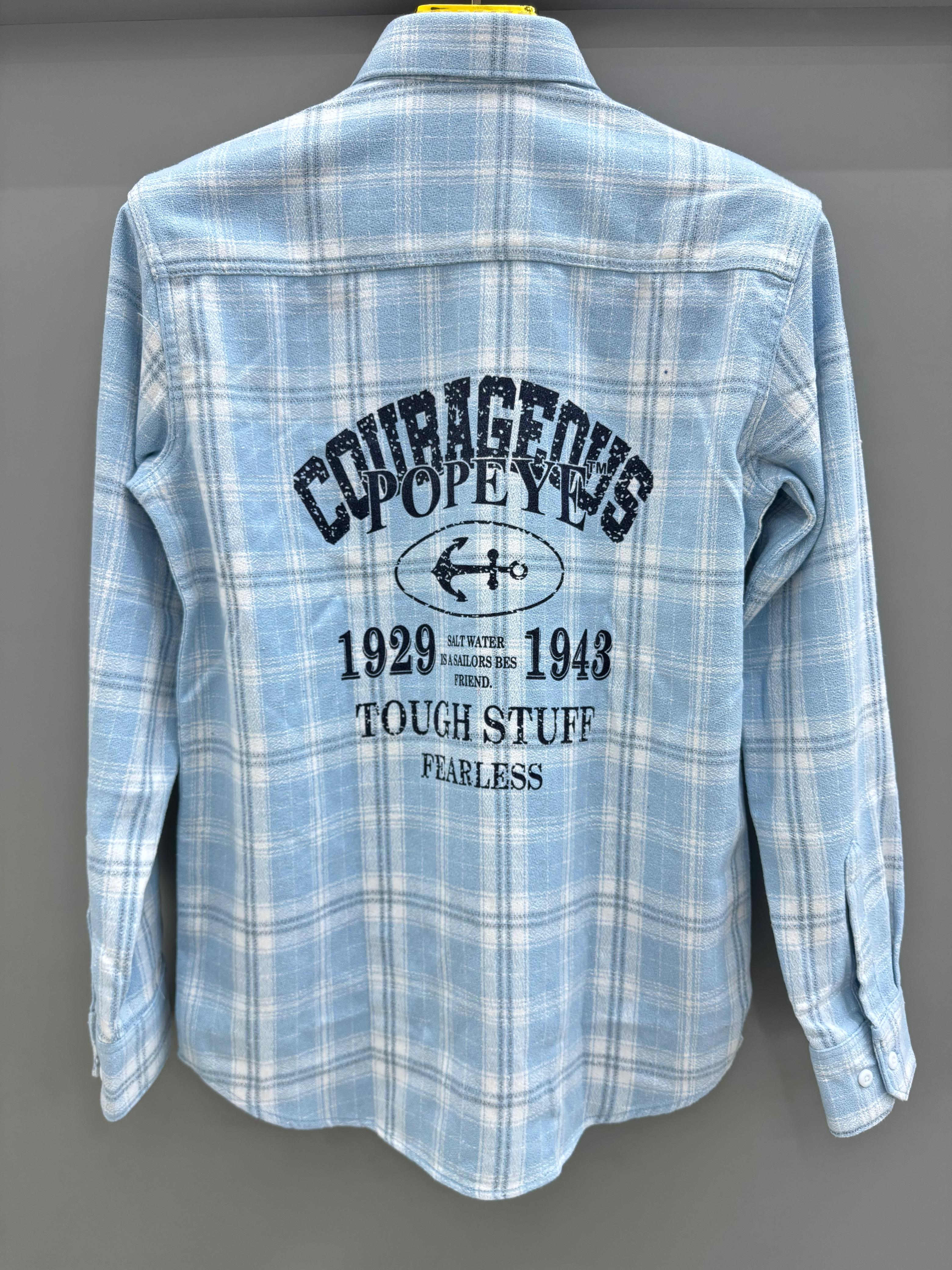 Double Pocket Back Print Sky Blue Check Shirt