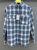Double Pocket Back Print Blue Check Shirt