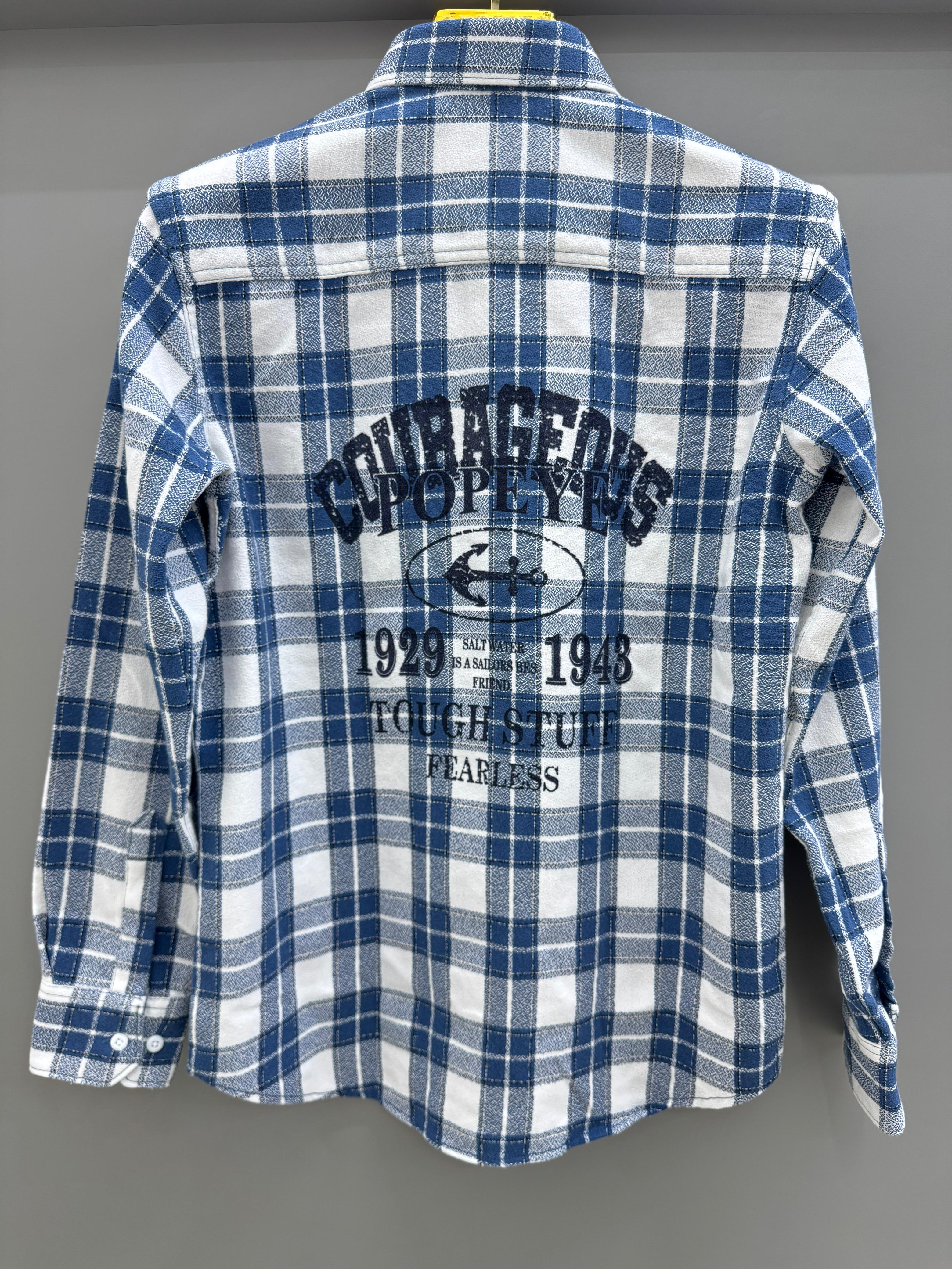 Double Pocket Back Print Blue Check Shirt