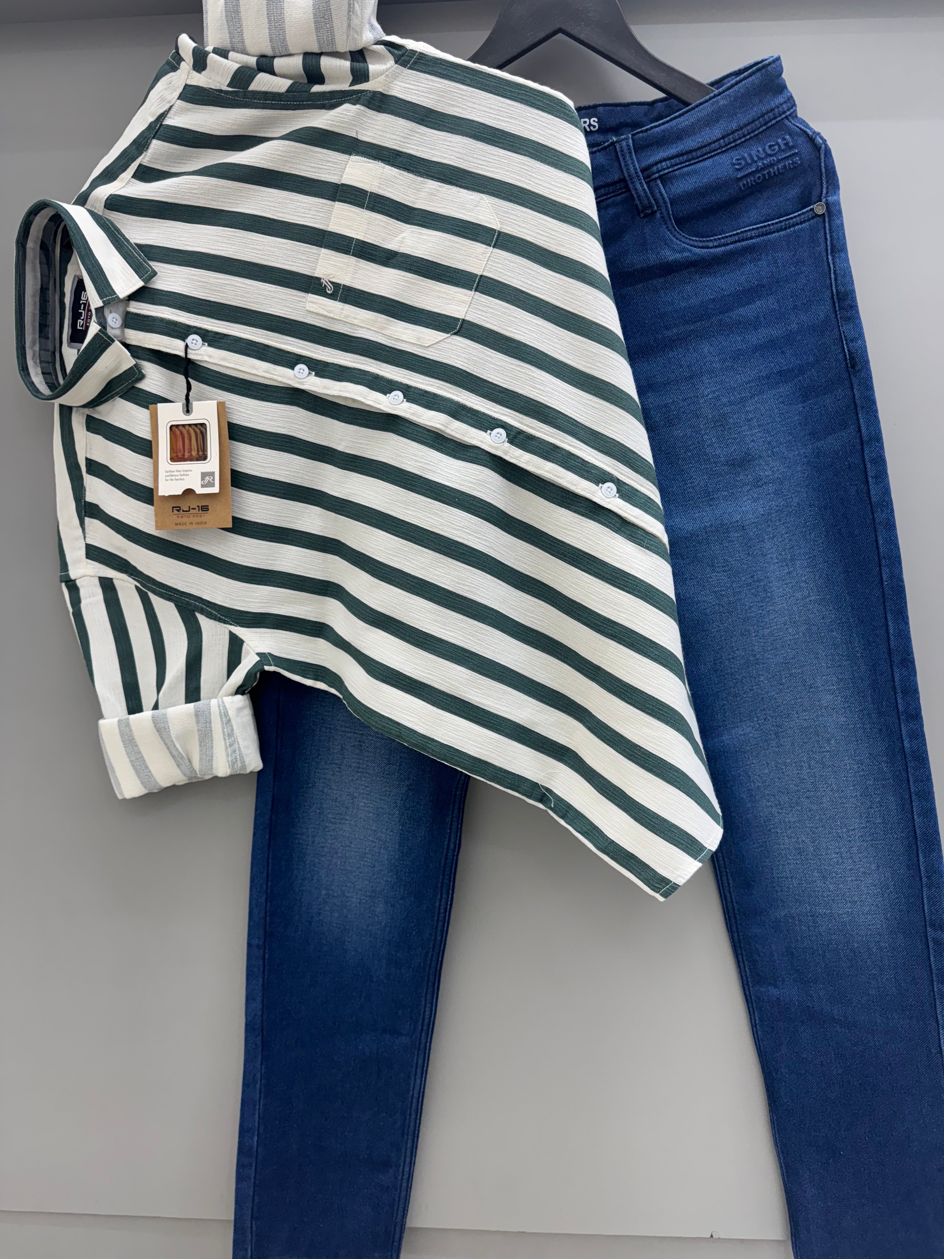 Green Strip Shirt With Jeans Pant