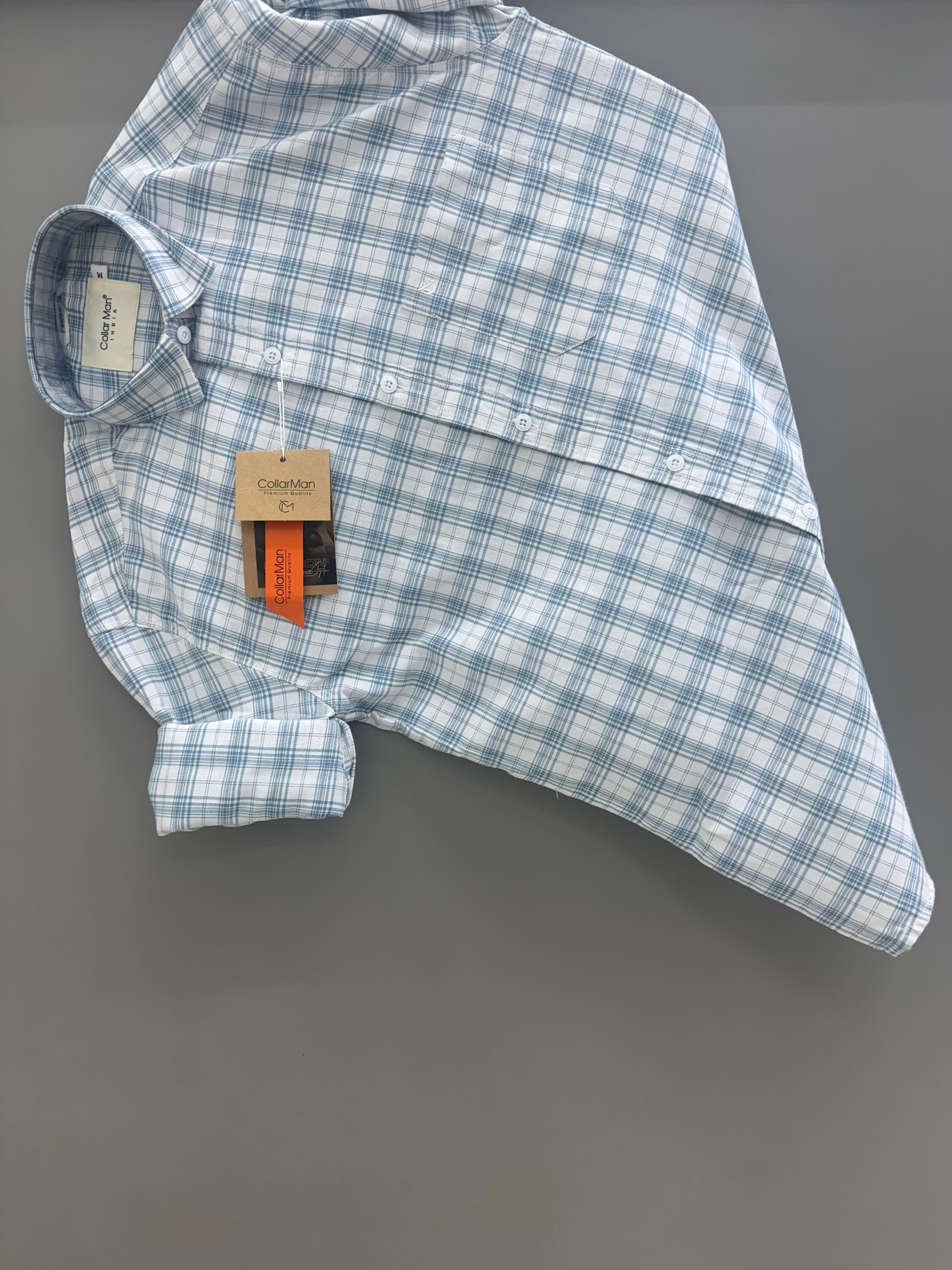 White mint blue  box check shirt