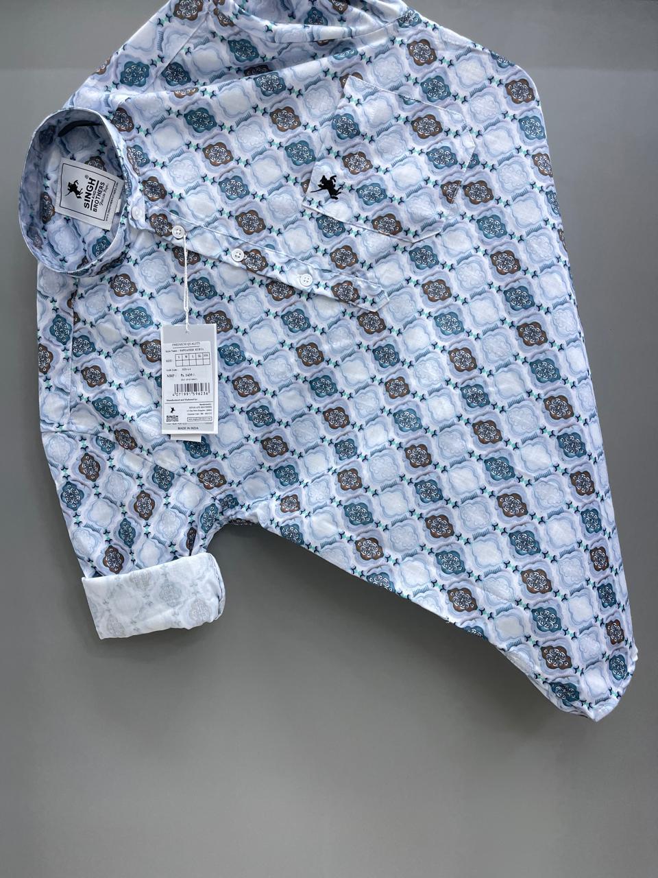 White Blue Printed Short Kurta