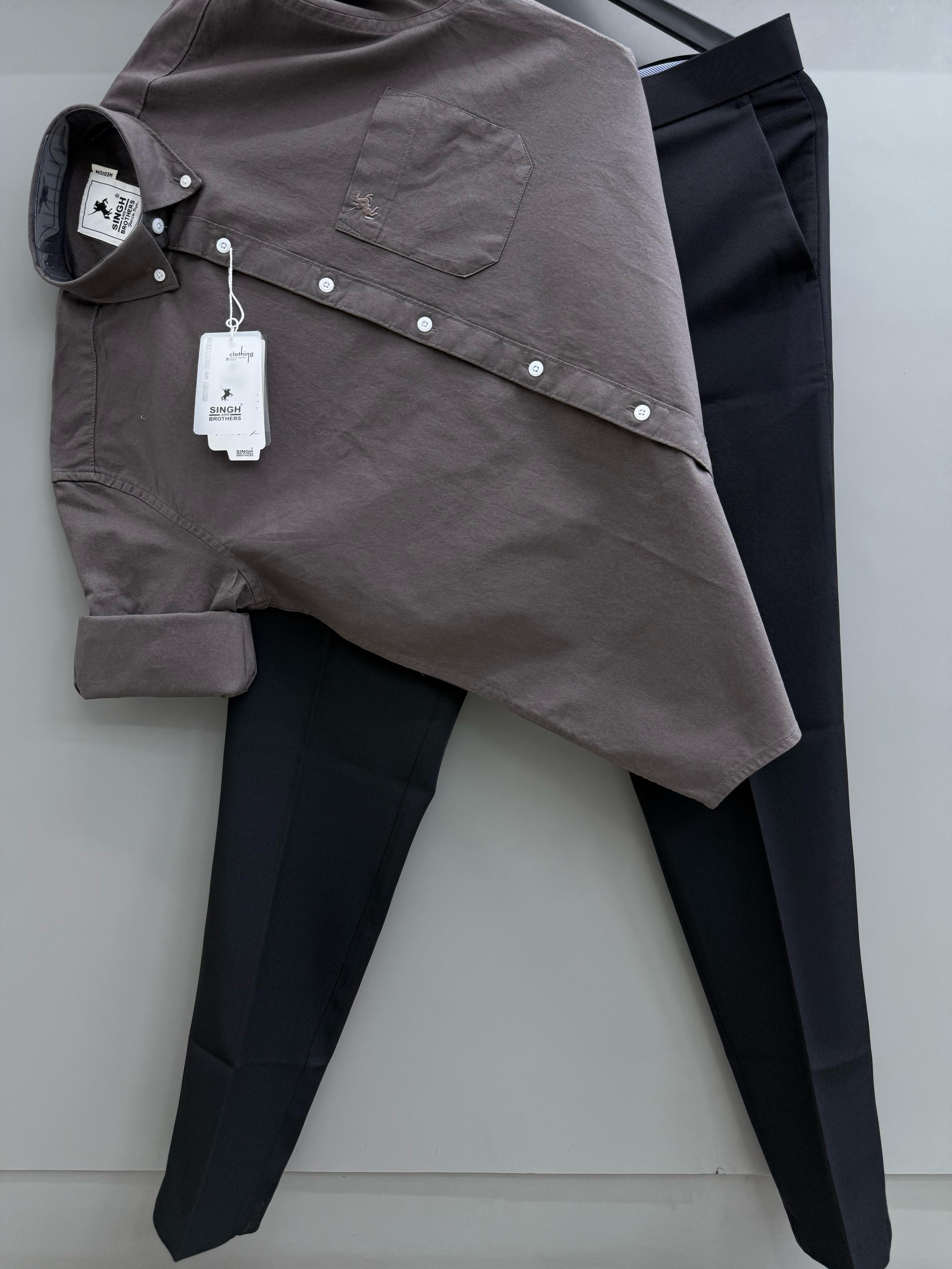 Charcoal Brown Cotton Oxford Shirt With Black Formal Pant