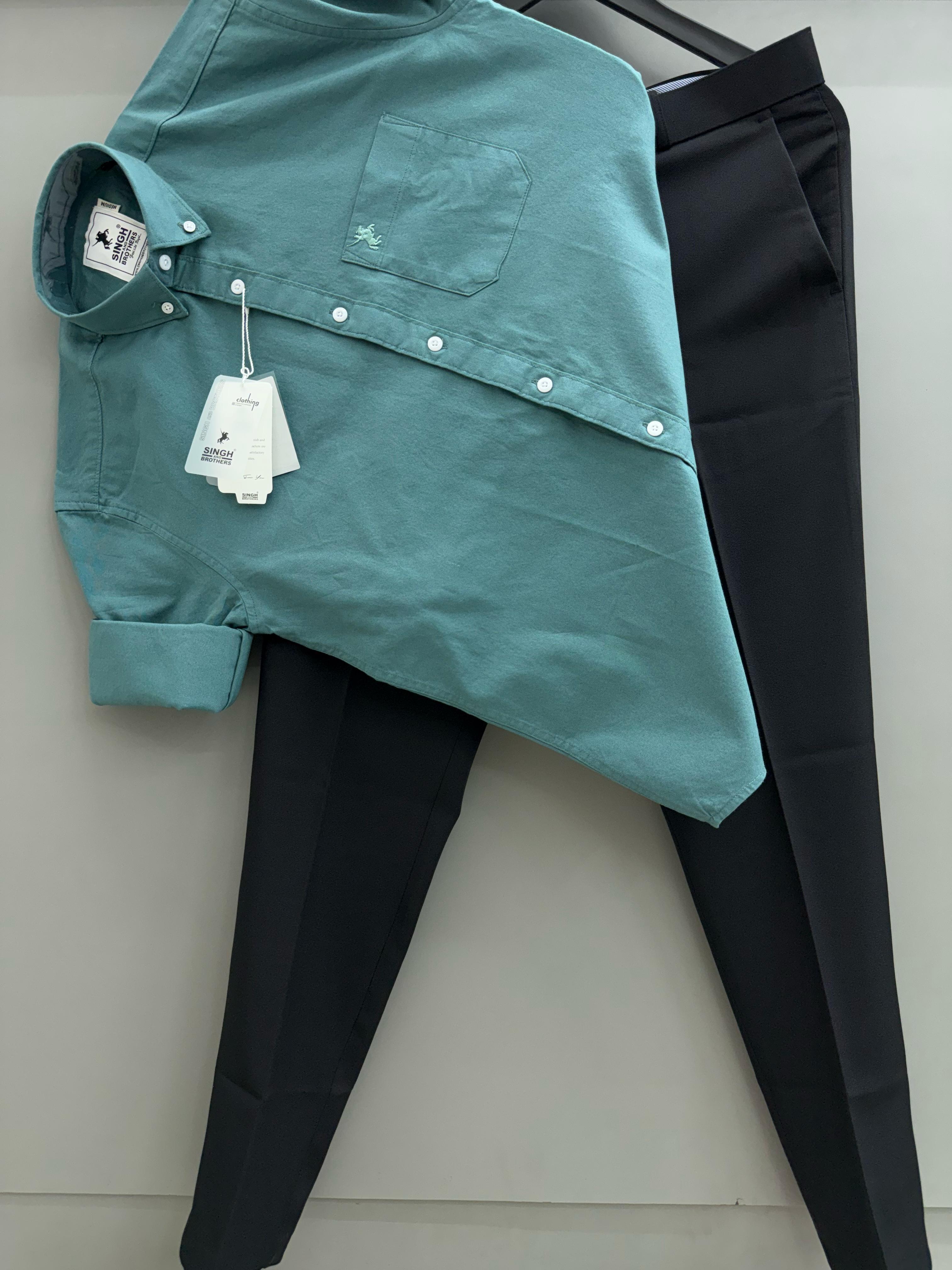 Turquoise Cotton Oxford Shirt With Black Formal Pant