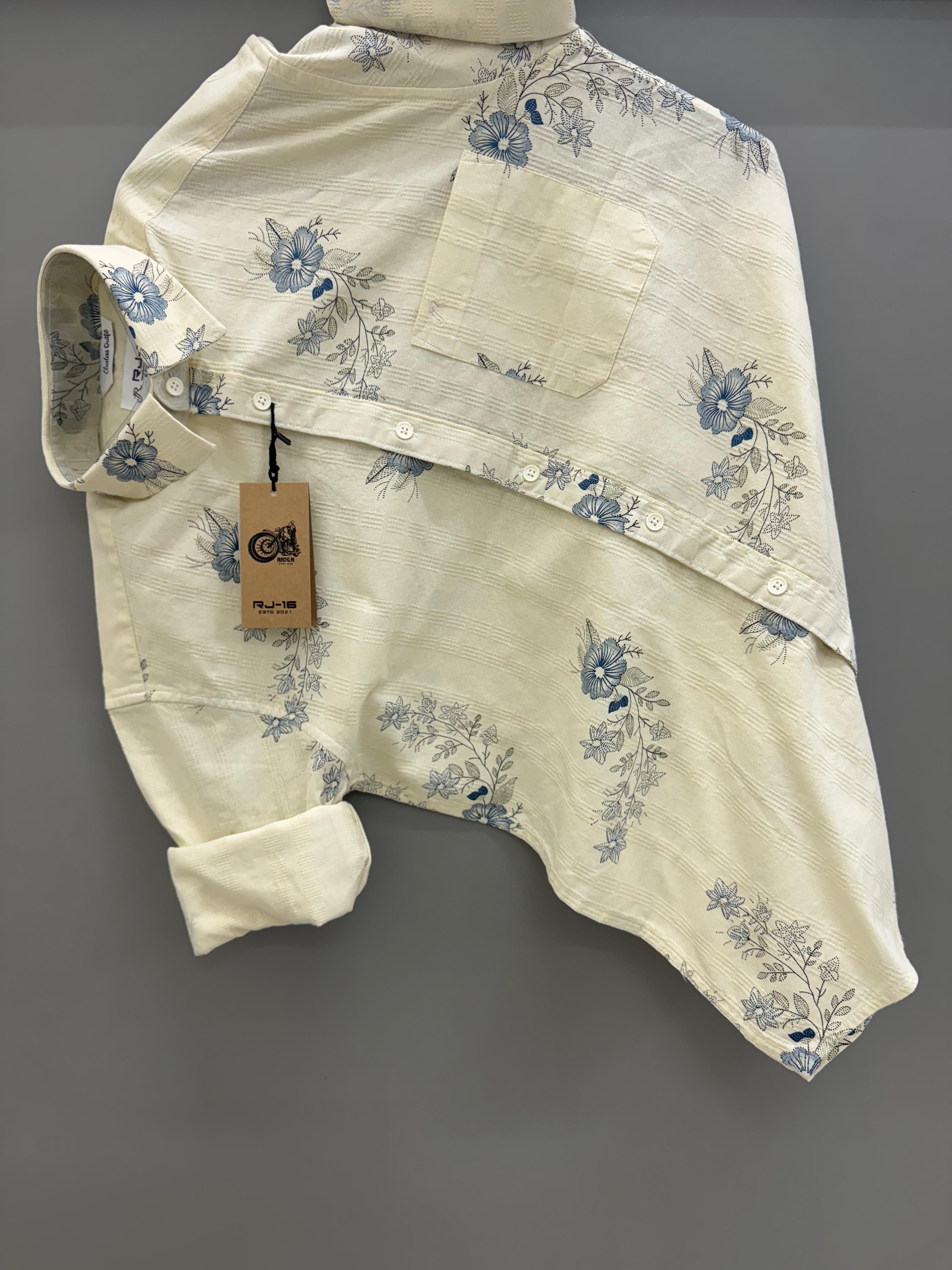 cream color blue flower print