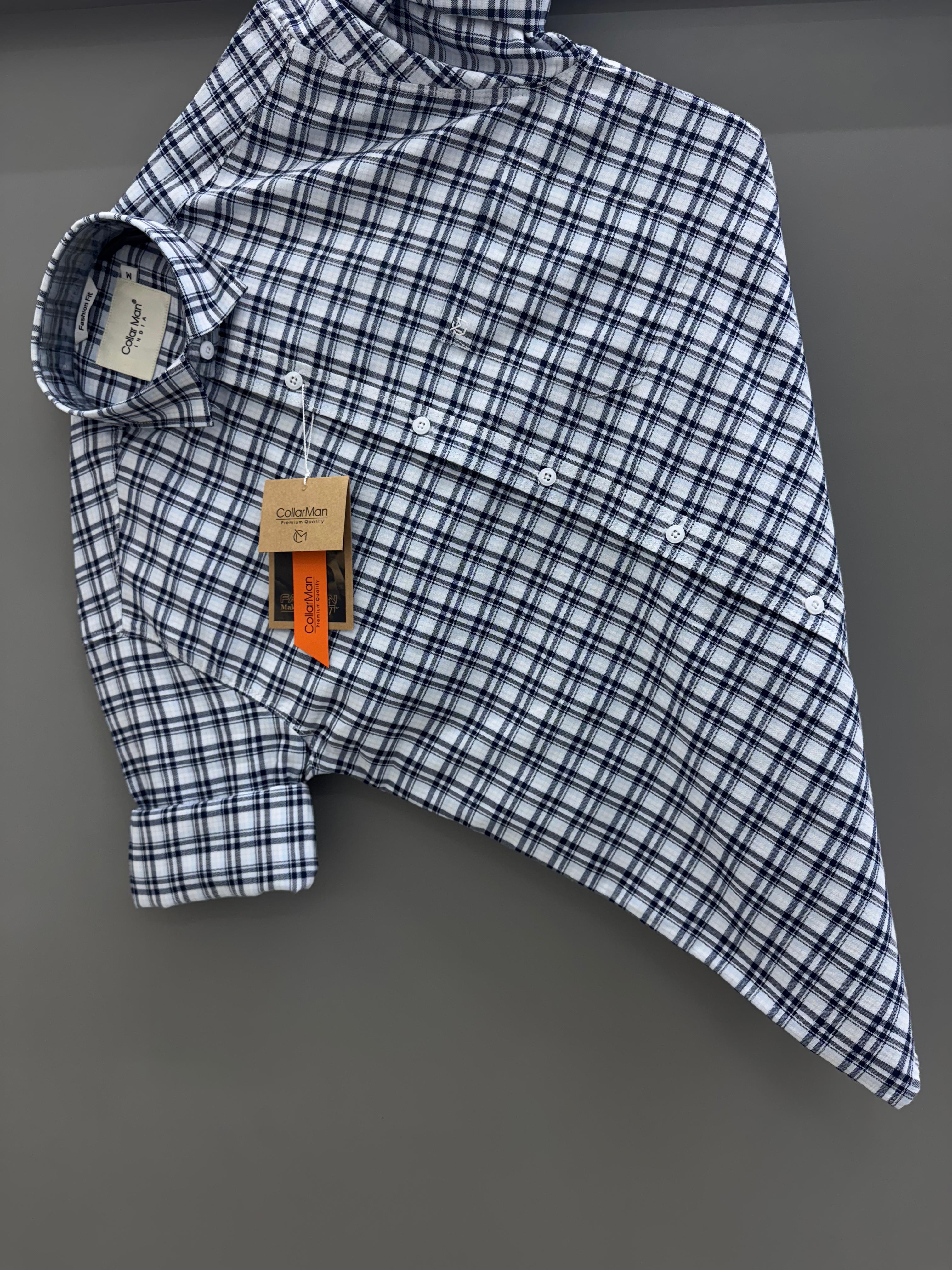 white blue box check shirt